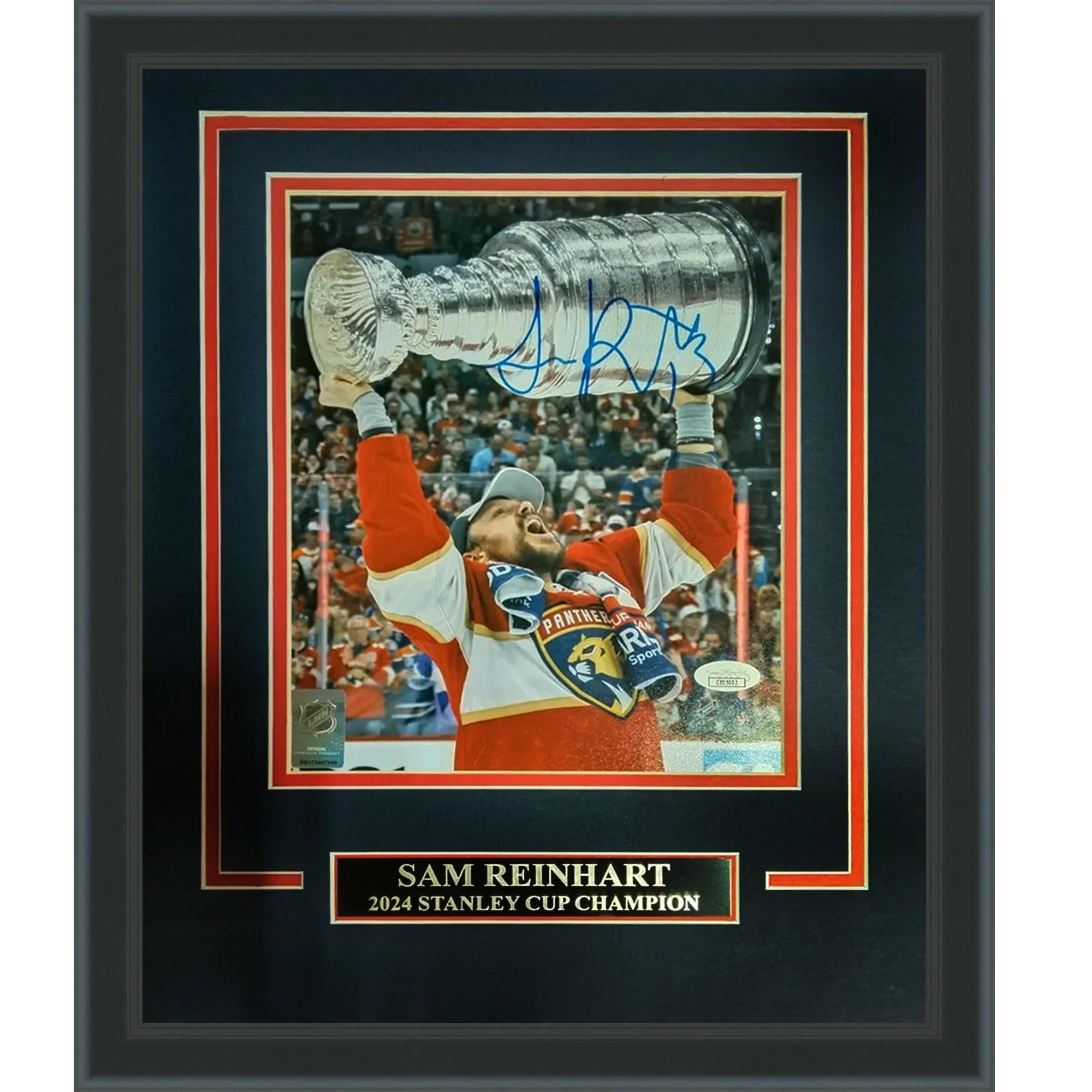 Sam Reinhart Autographed Florida Panthers (Stanley Cup Trophy) Deluxe Framed 8x10 Photo - JSA