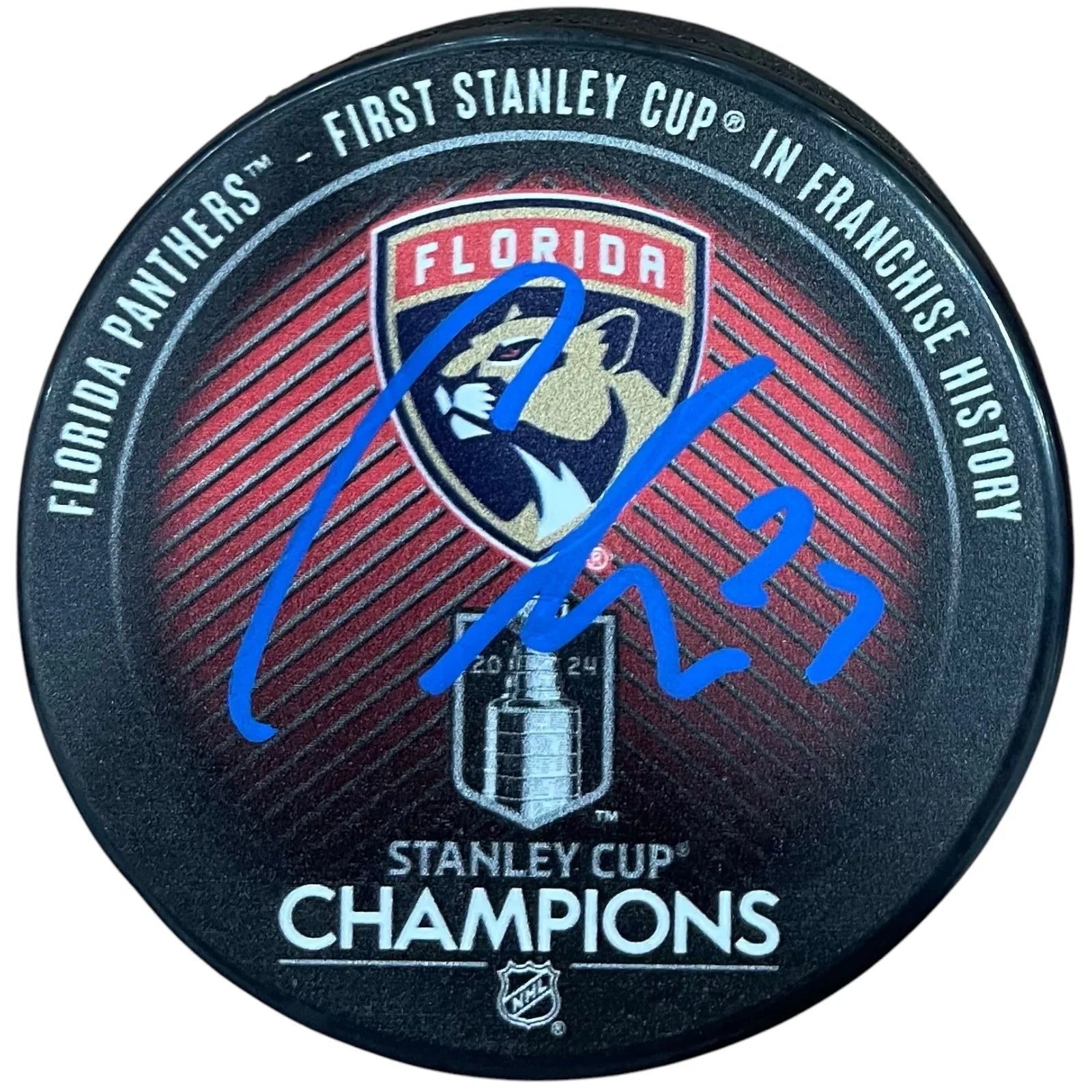 Carter Verhaeghe Autographed Florida Panthers (Stanley Cup Champs Logo) Hockey Puck - JSA