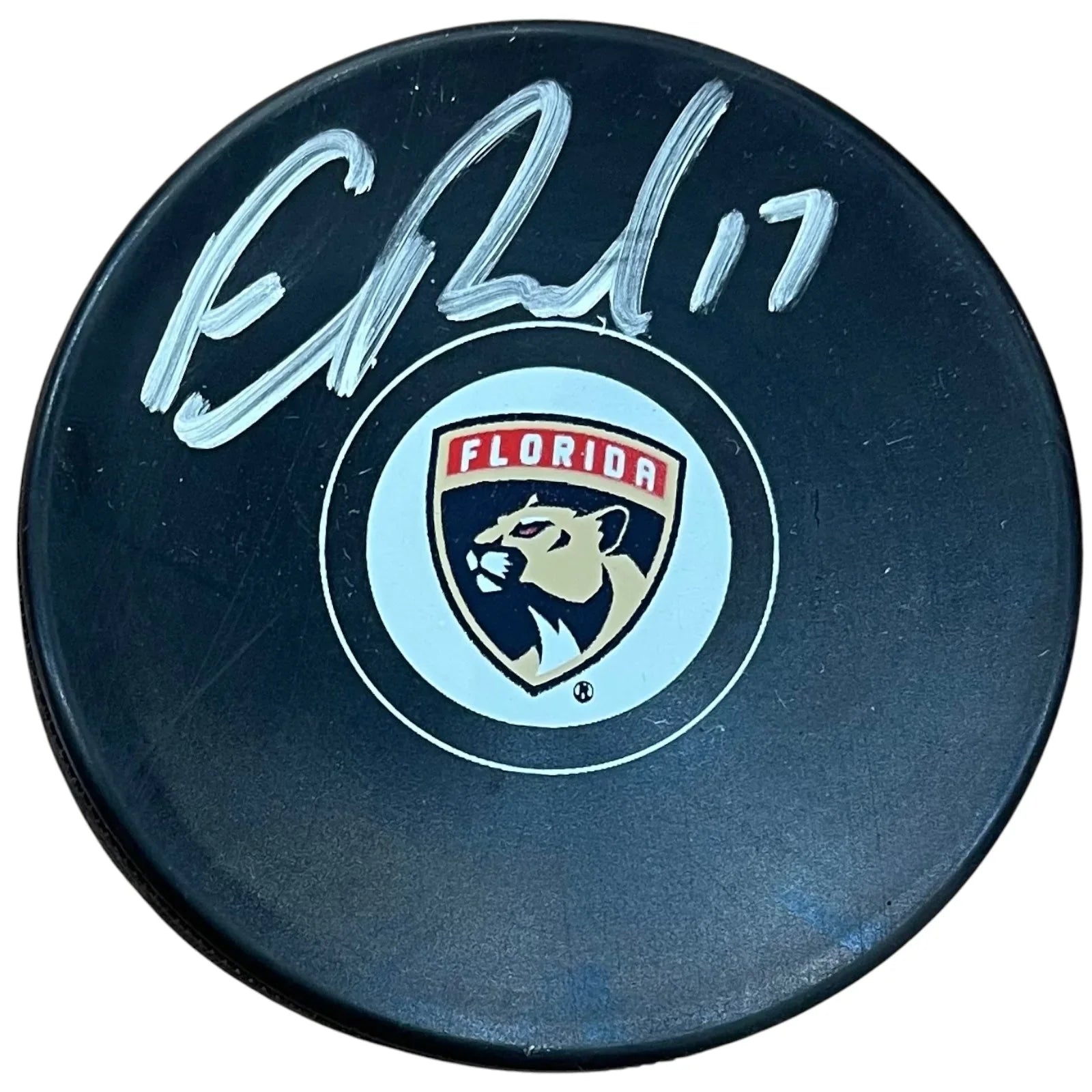 Evan Rodrigues Autographed Florida Panthers Logo Replica Hockey Puck - JSA