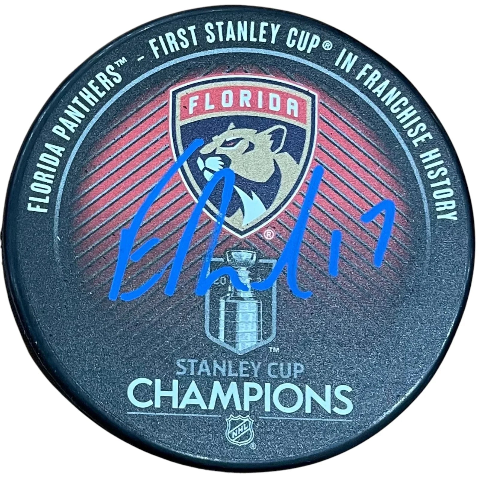 Evan Rodrigues Autographed Florida Panthers (Stanley Cup Champs Logo) Hockey Puck - JSA