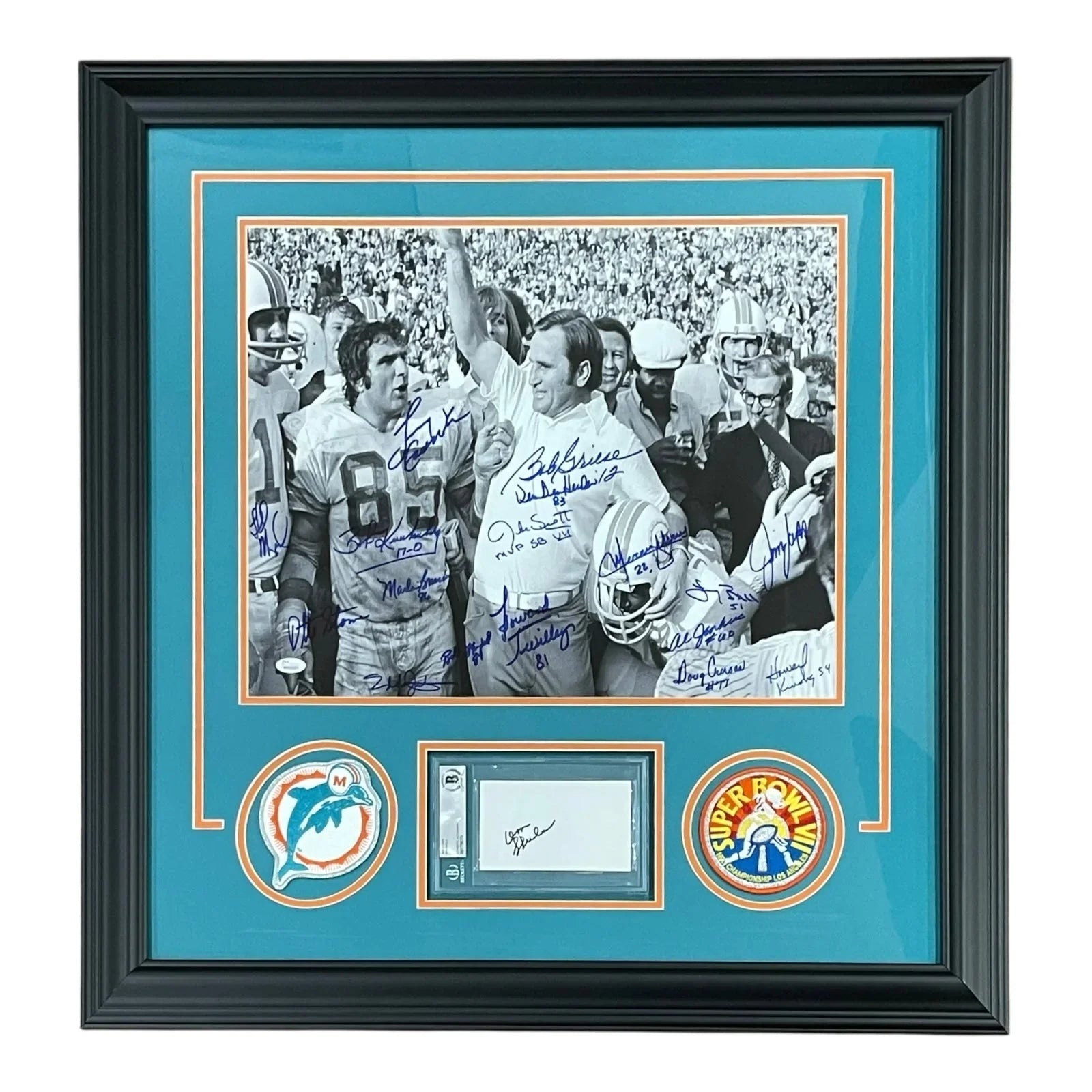 1972 Miami Dolphins Team (Undefeated Season) and Coach Don Shula Deluxe Framed Celebration 16x20 Photo with Patches Autographed