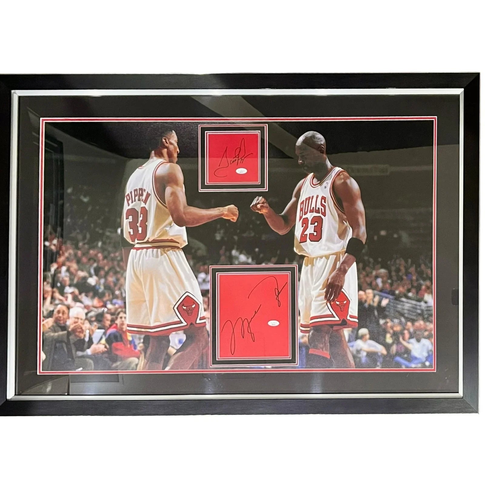 Michael Jordan And Scottie Pippen Autographs Deluxe Framed over Chicago Bulls Full-Size Poster - UDA JSA