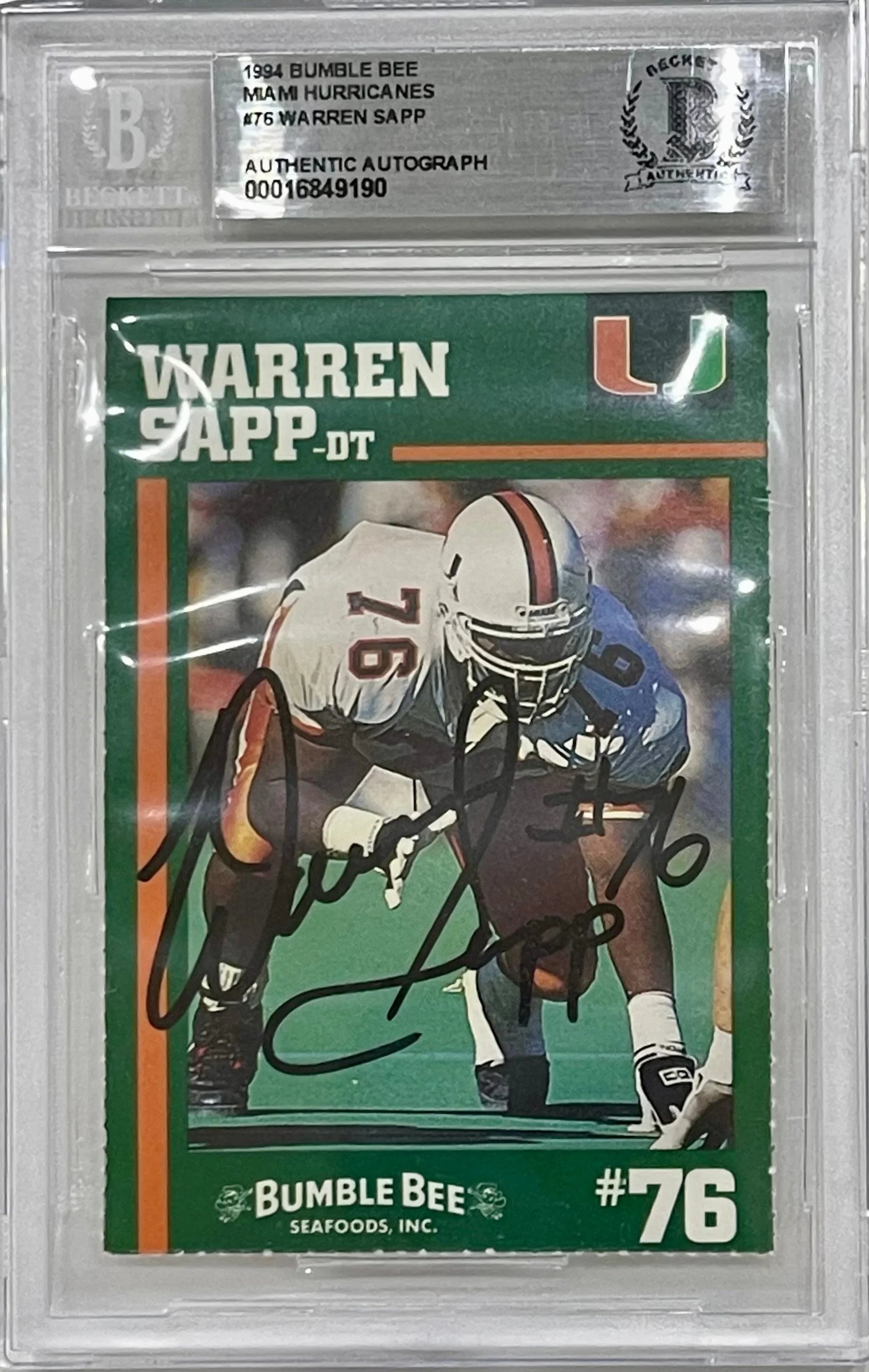 Warren Sapp Autographed 1994 Miami Hurricanes Bumble Bee Card - Beckett