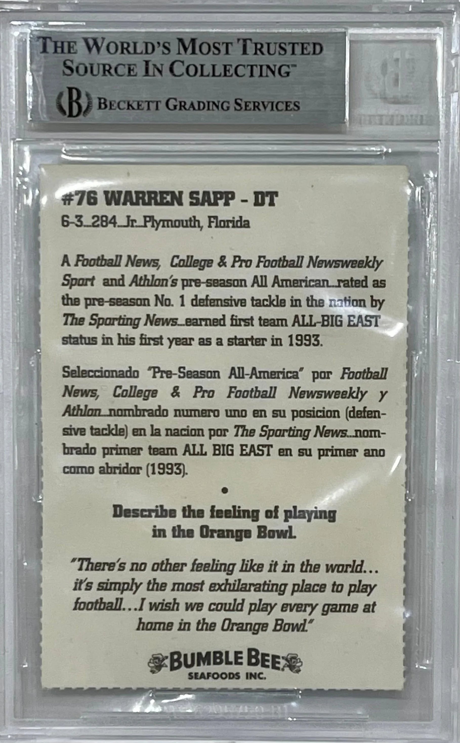 Warren Sapp Autographed 1994 Miami Hurricanes Bumble Bee Card - Beckett