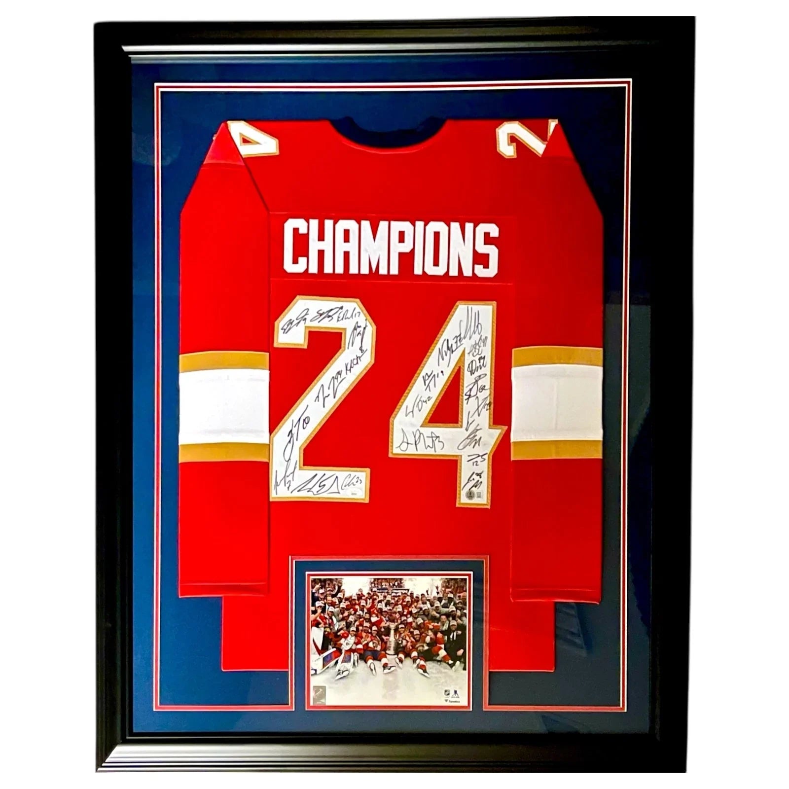 Florida Panthers 2024 Stanley Cup Champions Team Autographed (Red #24) Deluxe Framed Jersey - 23 Signatures - JSA , Beckett