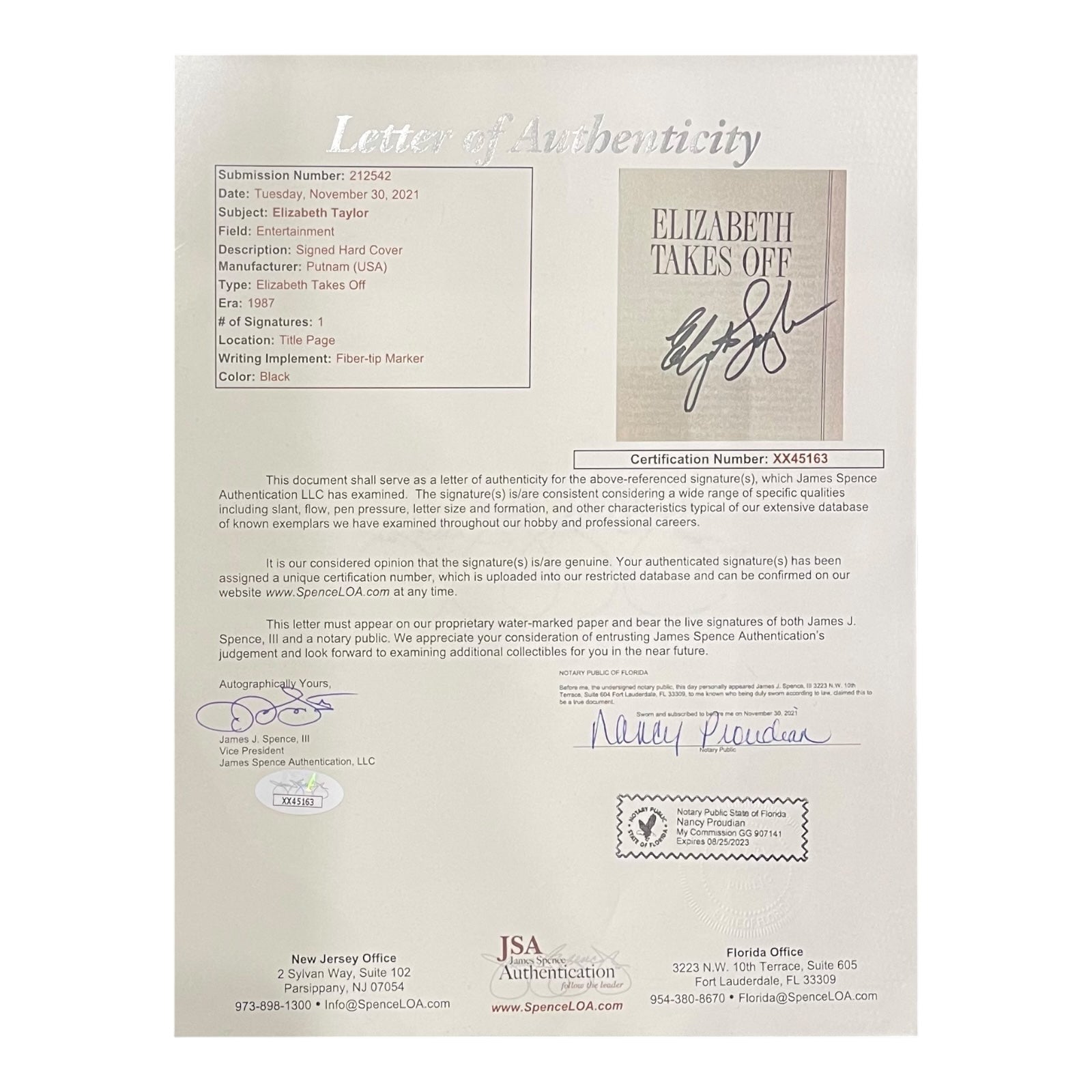 Elizabeth Taylor Autographed Elizabeth Takes Off Book - JSA LOA