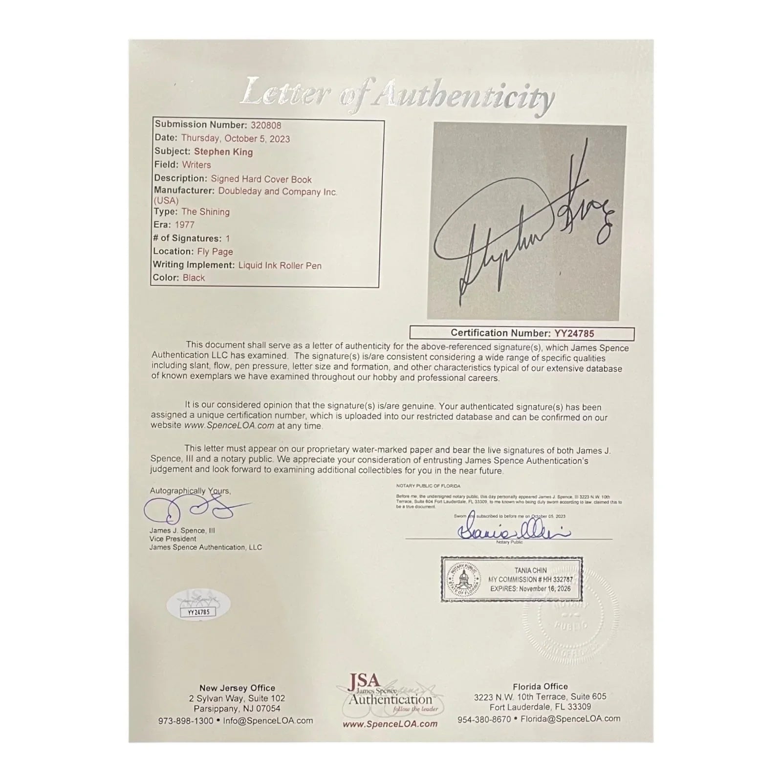 Stephen King Autographed Book The Shining - JSA LOA