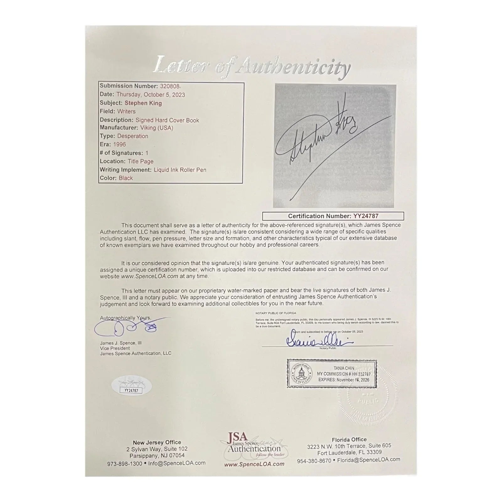 Stephen King Autographed Book Desperation - JSA LOA