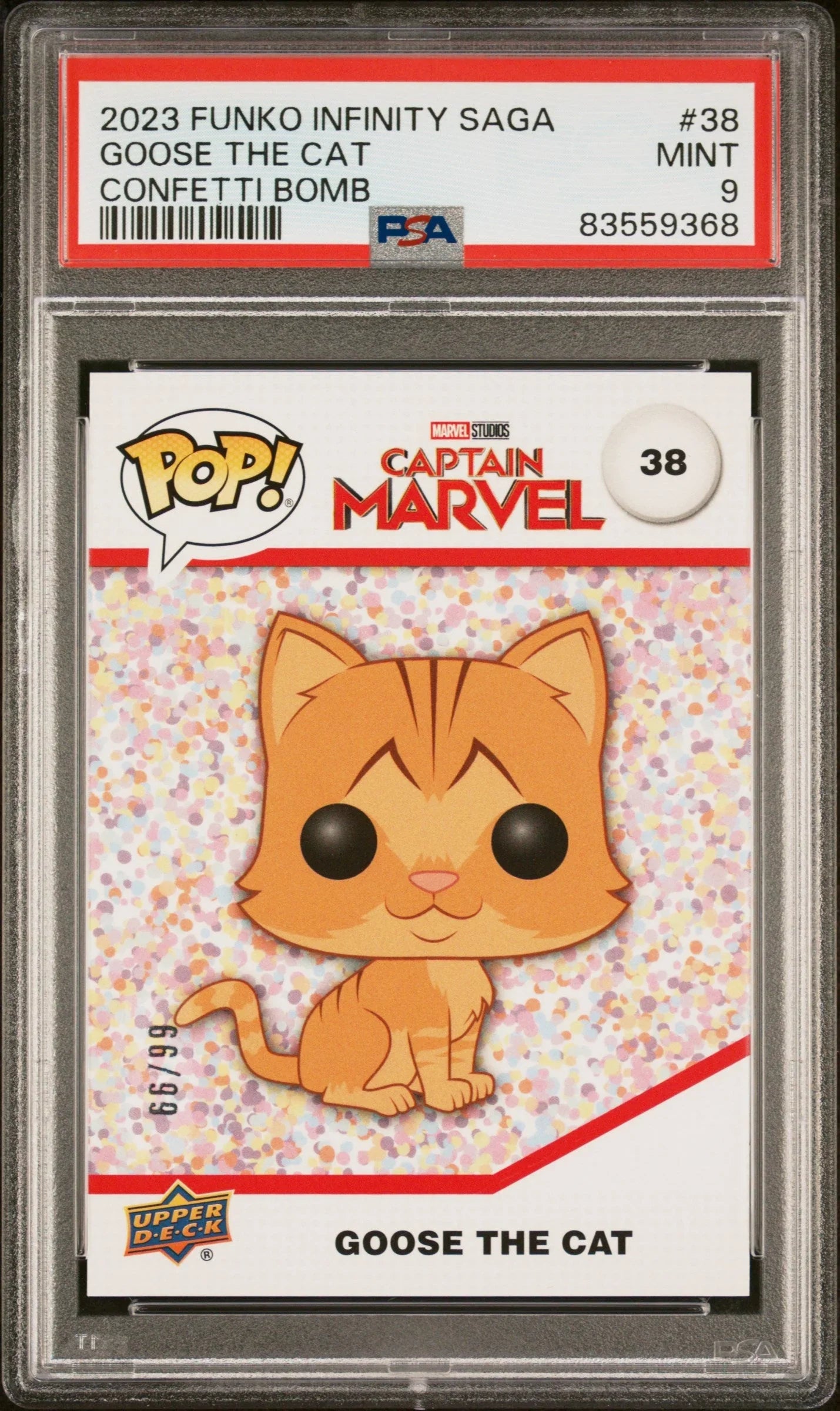 2023 UPPER DECK FUNKO POP MARVEL GOOSE THE CAT CONFETTI BOMB #38 PSA 9