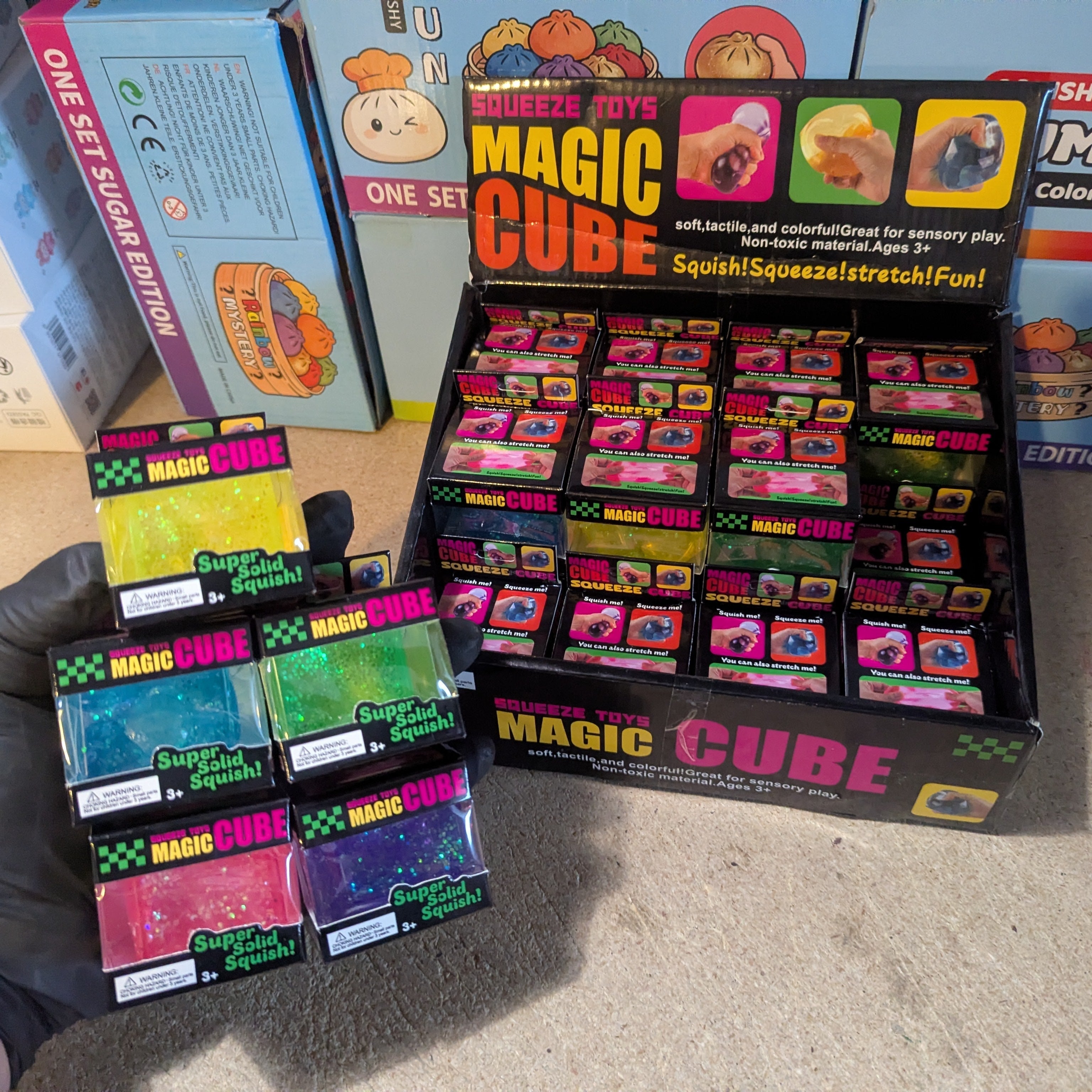 Set of Five Translucent Glitter Mini Magic Cube by Squeeze Toys (Slow-Rising Squish)