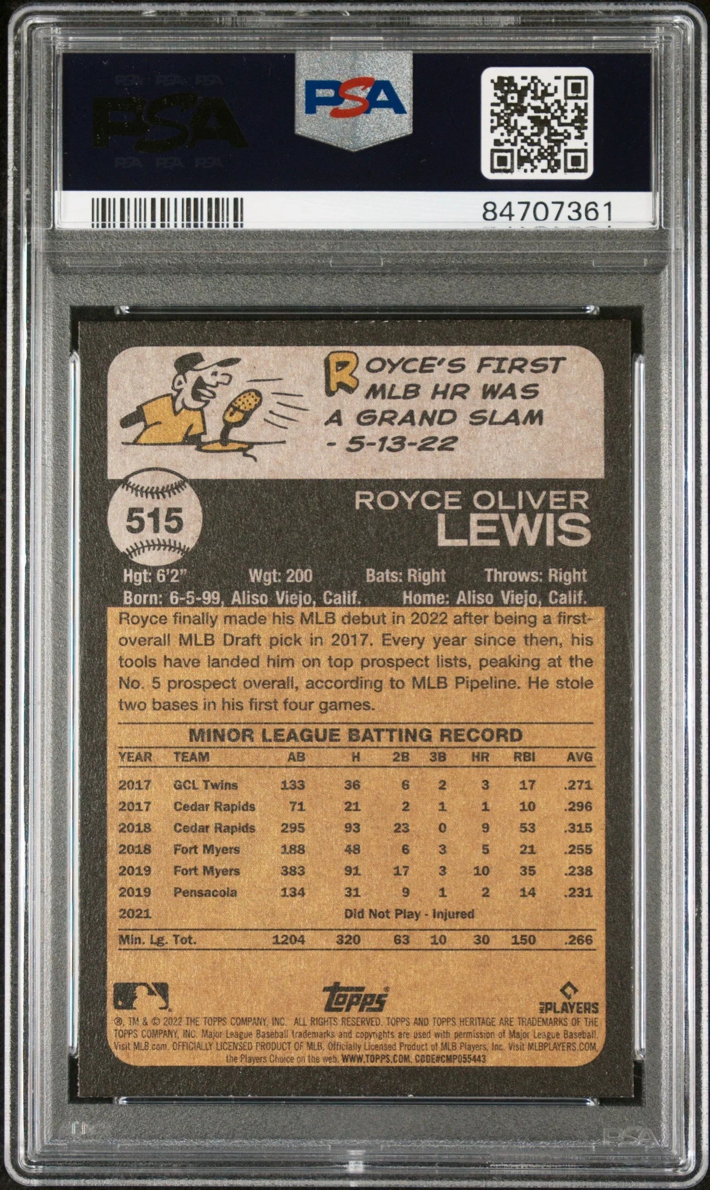 2022 TOPPS HERITAGE ROYCE LEWIS #515 - PSA 10 ROOKIE CARD