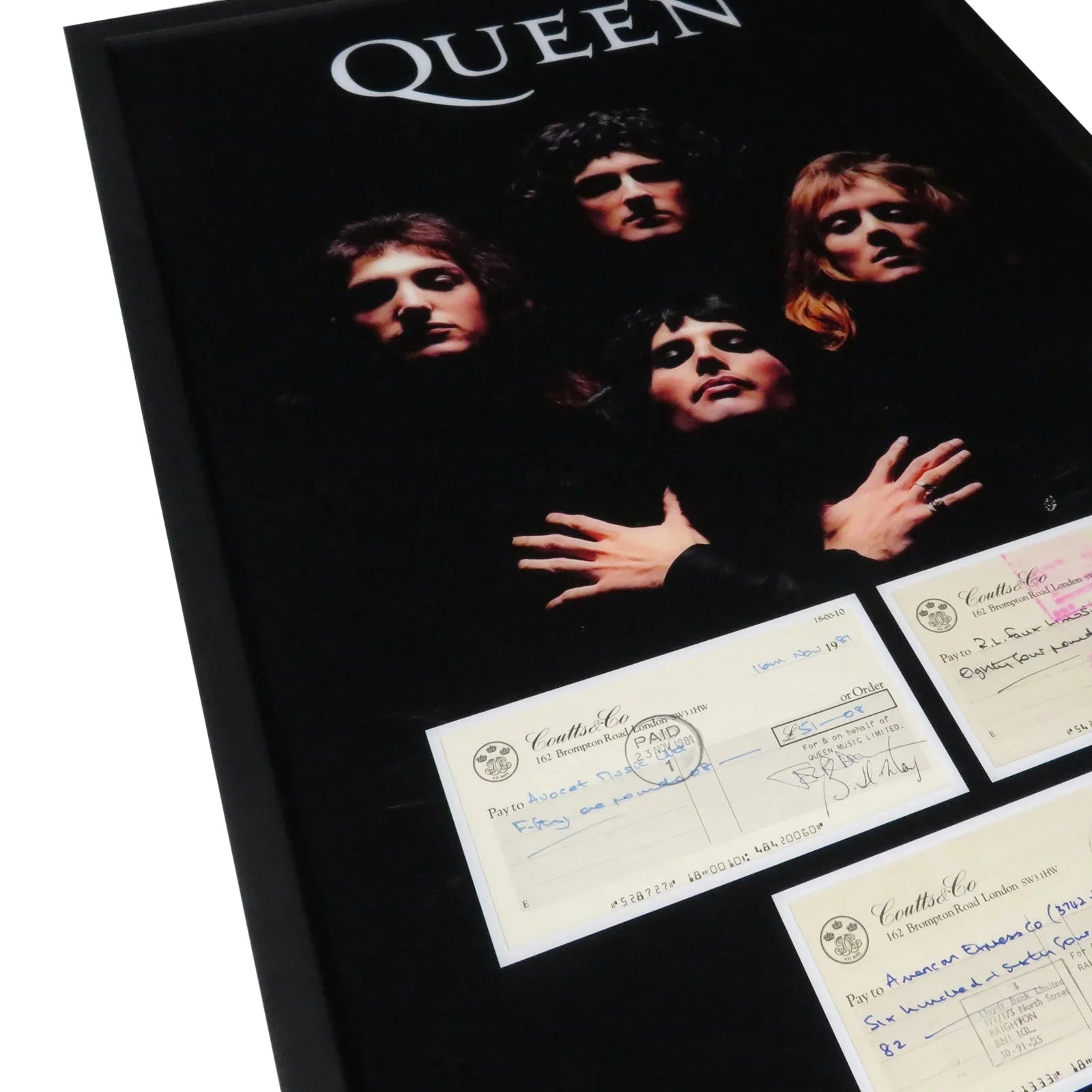 Queen Band Autographed Checks Music Display 20 by 30 Framed Piece - JSA , BAS