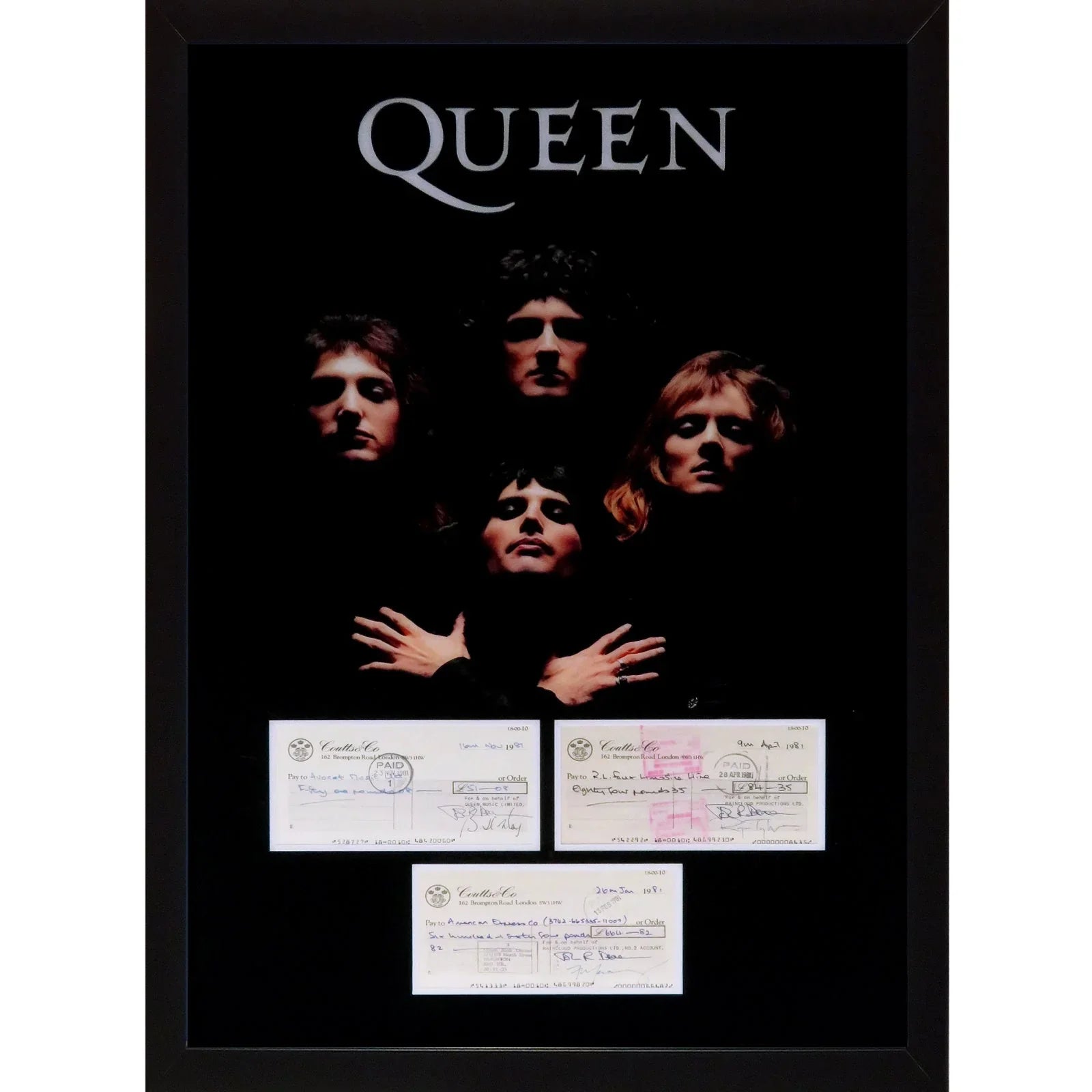 Queen Band Autographed Checks Music Display 20 by 30 Framed Piece - JSA , BAS
