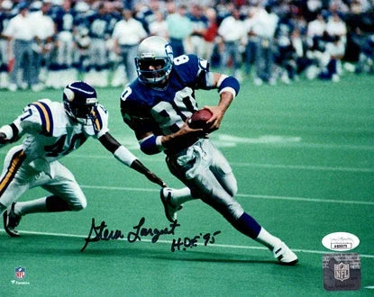 Steve Largent Autographed Seattle Seahawks (Blue Jersey) 8x10 Photo w/ "HOF 95" - JSA