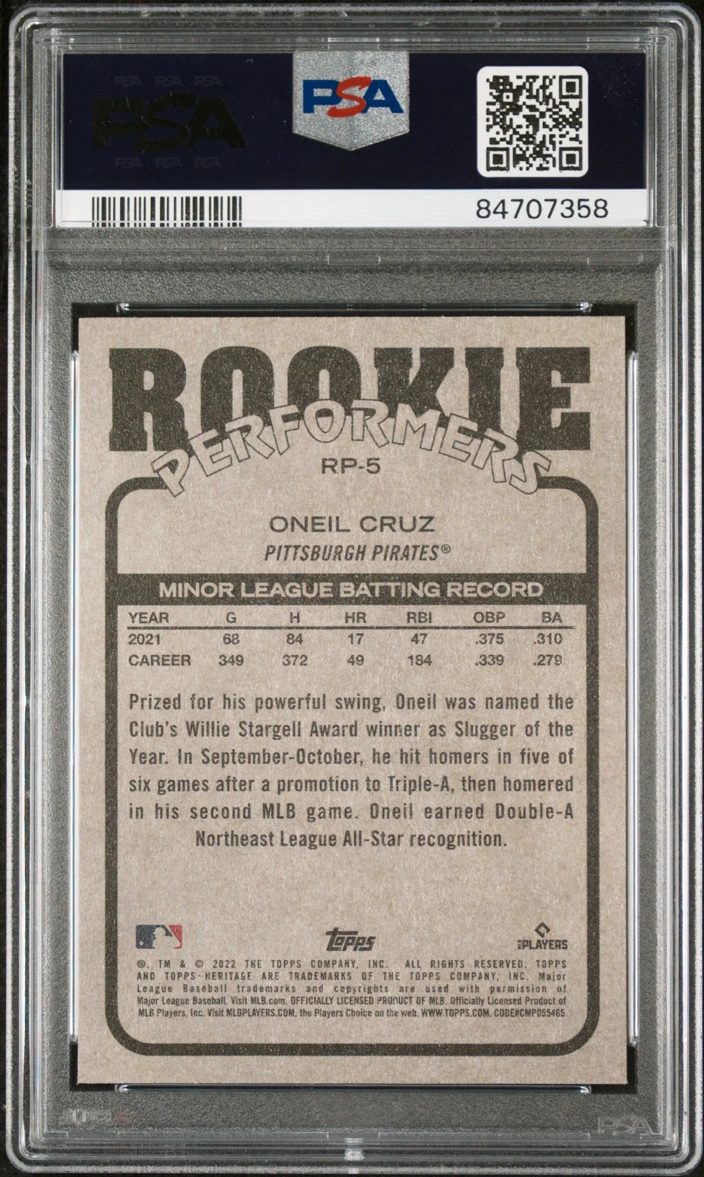 2022 TOPPS HERITAGE HIGH NUMBER ROOKIE PERFORMERS ONEIL CRUZ #RP5 - PSA 10