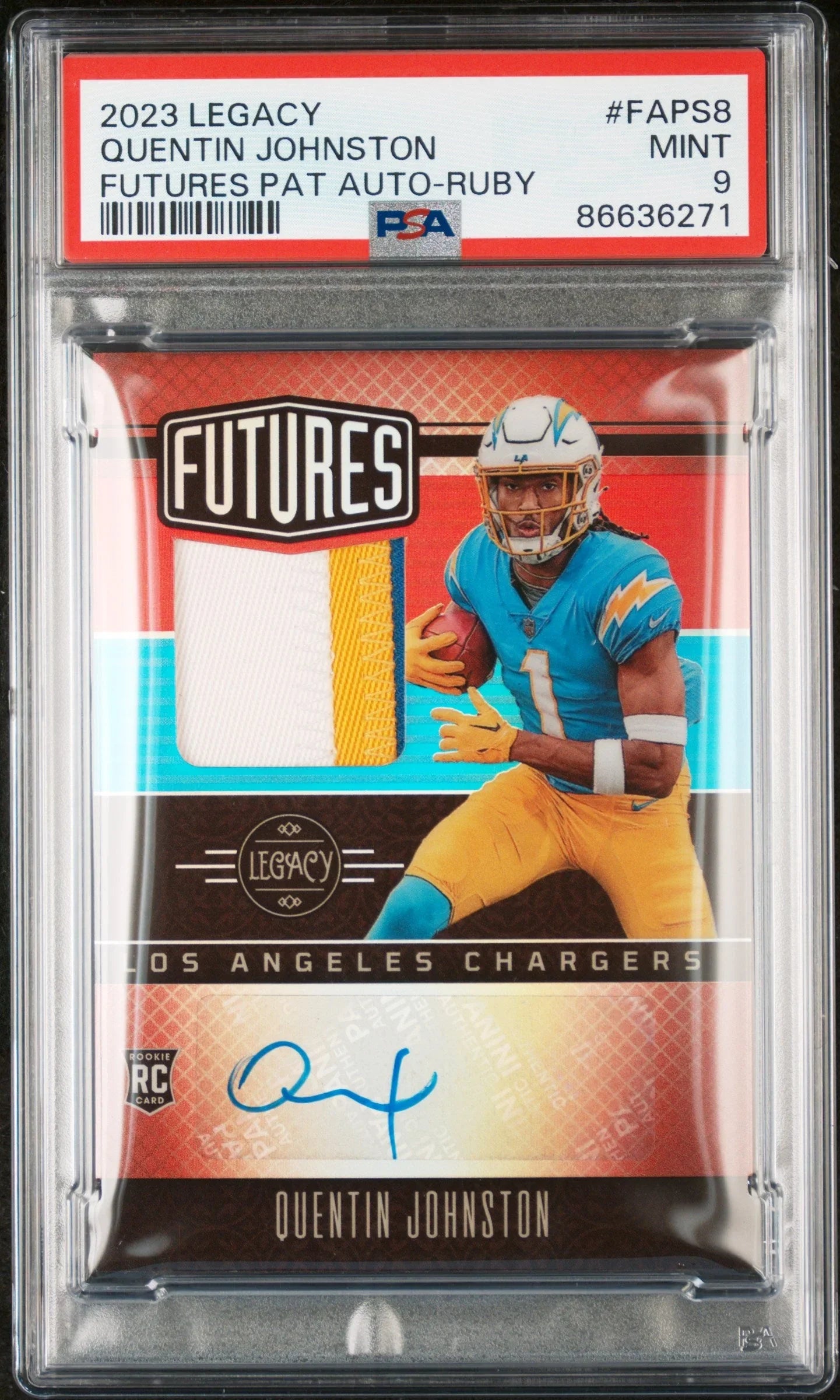 2023 PANINI LEGACY FUTURES PATCH AUTOGRAPH QUENTIN JOHNSTON FUTURES PAT AUTO-RUBY #FAPS8 - PSA 9
