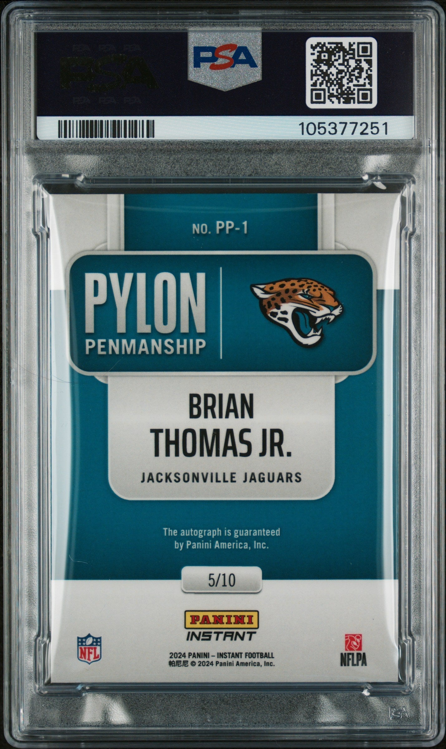 Graded 2024 Panini Instant NFL Brian Thomas Jr #PP1 Pylon Penmanship /10 Rookie RC Football Card PSA Authentic Auto