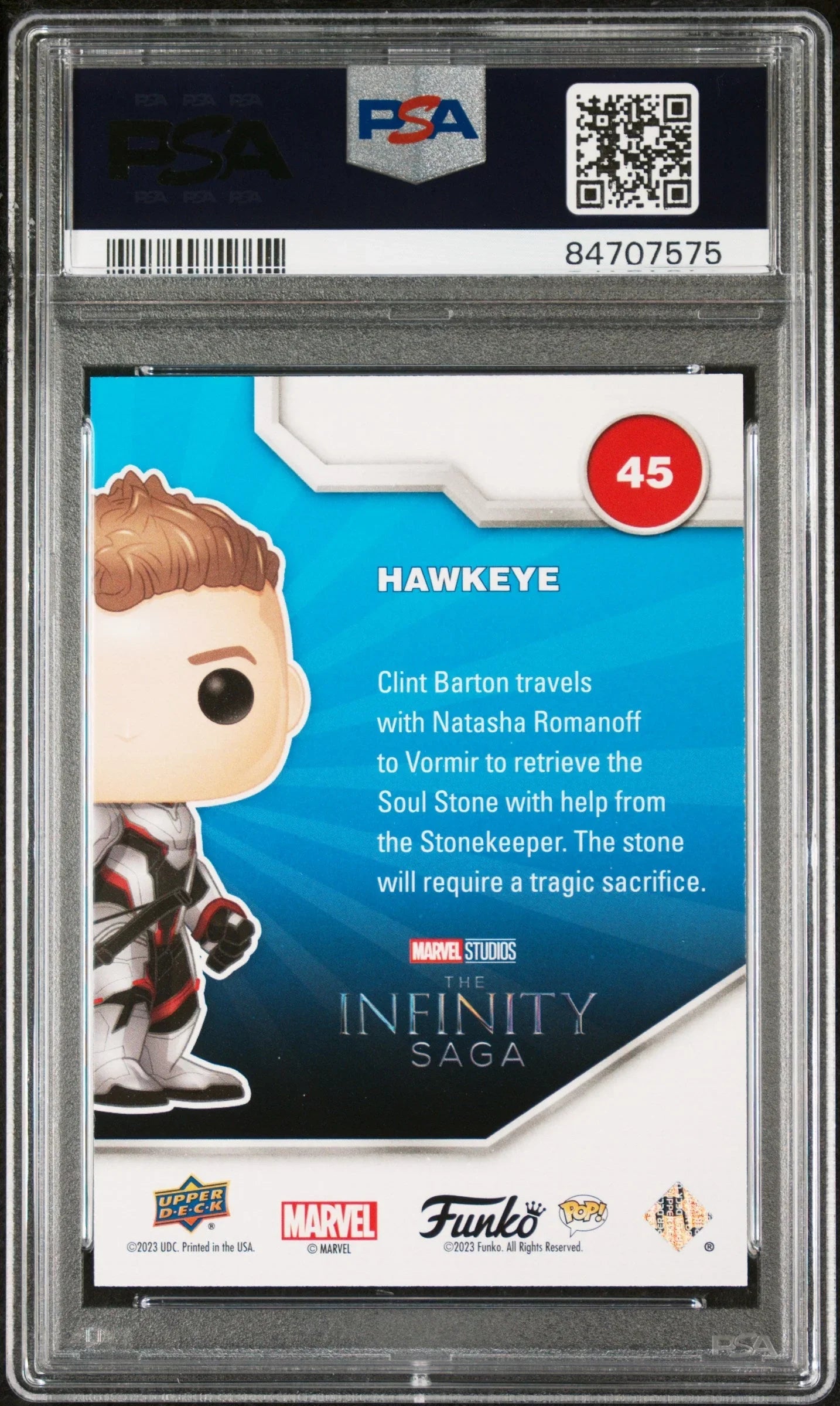 2023 UPPER DECK FUNKO POP MARVEL HAWKEYE PATINA #45 PSA 10