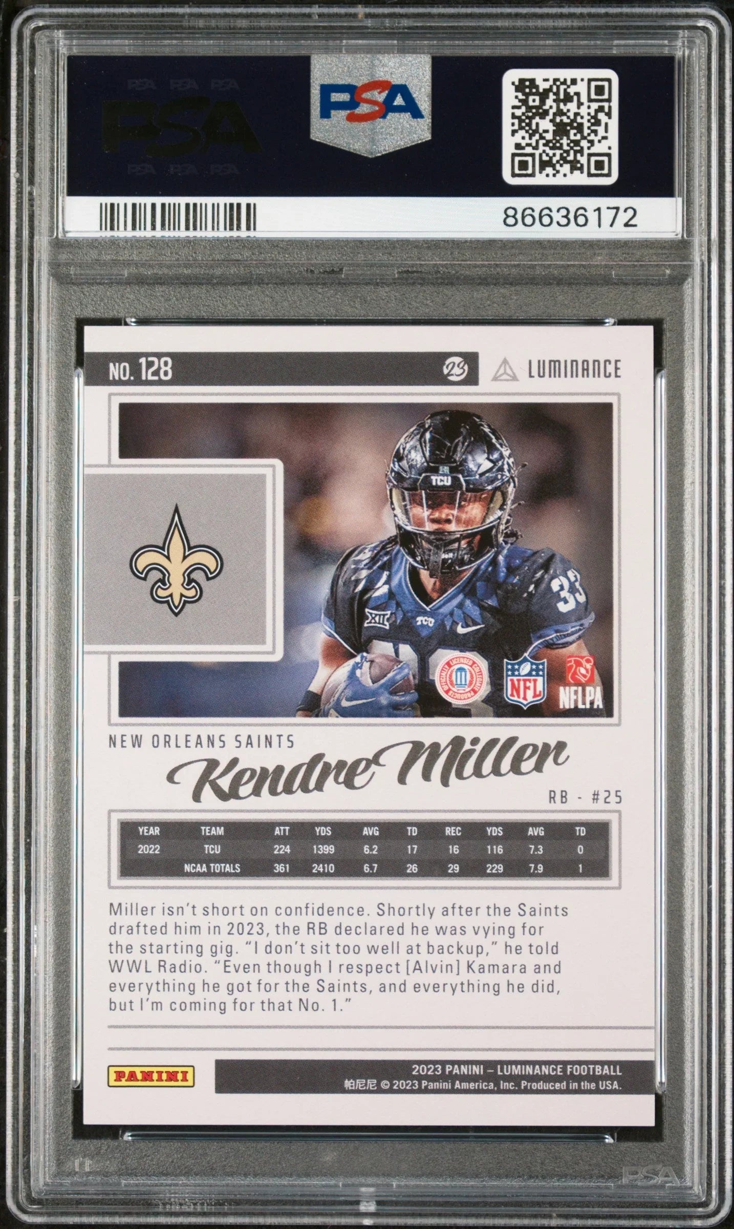 2023 PANINI LUMINANCE KENDRE MILLER PURPLE #128 - PSA 10 ROOKIE CARD