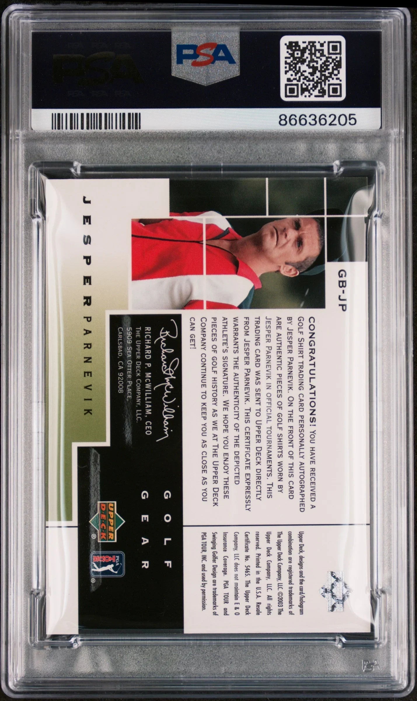 2003 UPPER DECK GOLF GEAR BIRDIE AUTOGRAPHS JESPER PARNEVIK GOLF GEAR BIRDIE-AUTO. #GB-JP - PSA 9