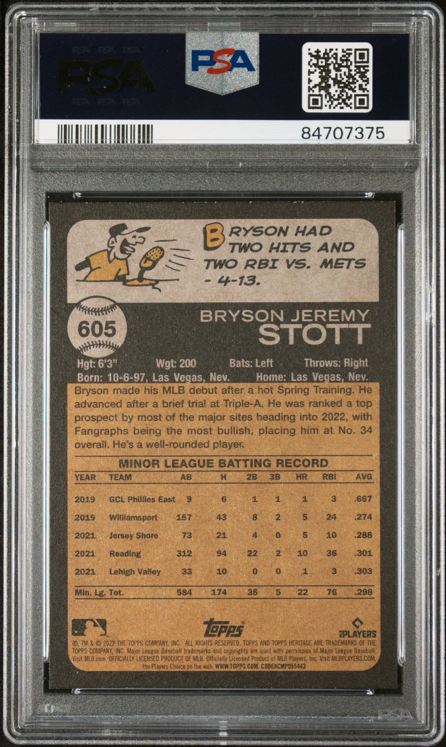 2022 TOPPS HERITAGE BRYSON STOTT #605 - PSA 10 ROOKIE CARD