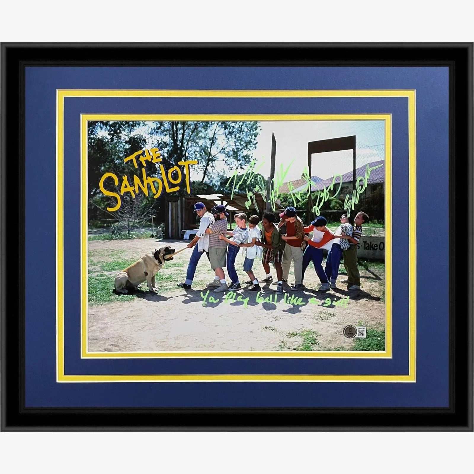 The Sandlot Cast Autographed Horiz (Tug of War) Deluxe Framed 11x14 Movie Photo - 6 signatures - Beckett