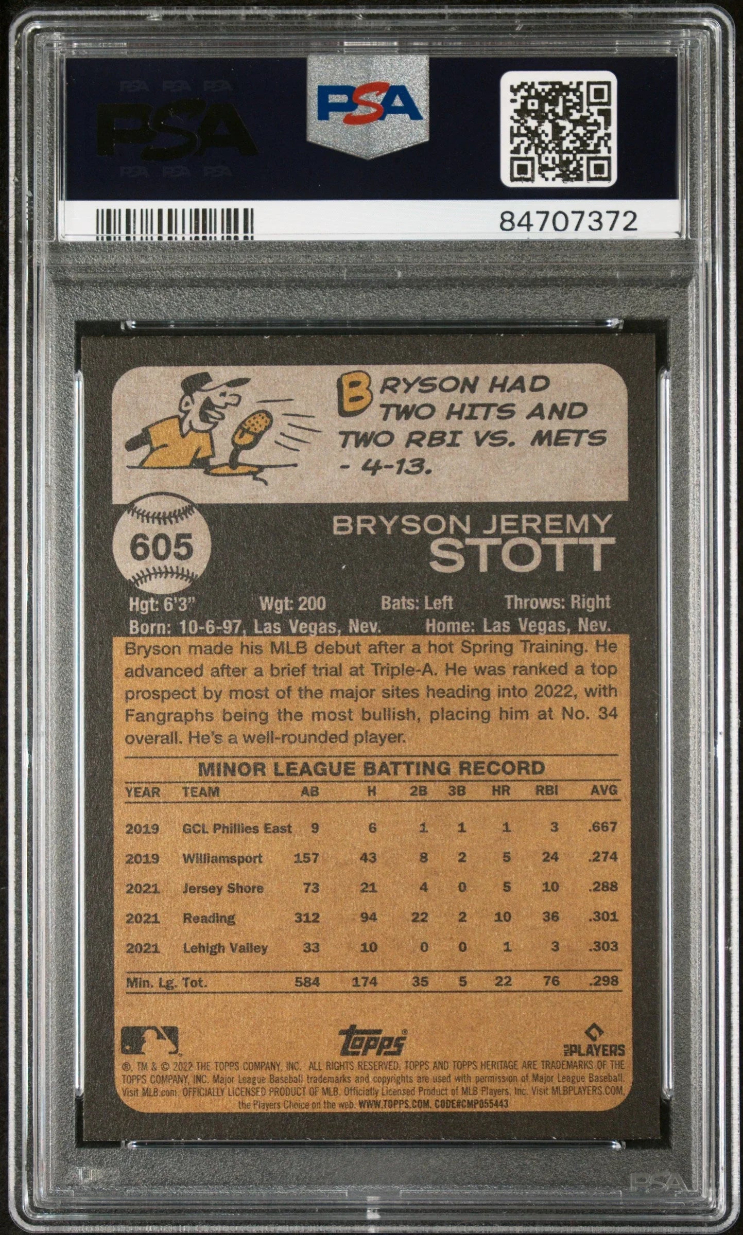 2022 TOPPS HERITAGE BRYSON STOTT #605 - PSA 10 ROOKIE CARD
