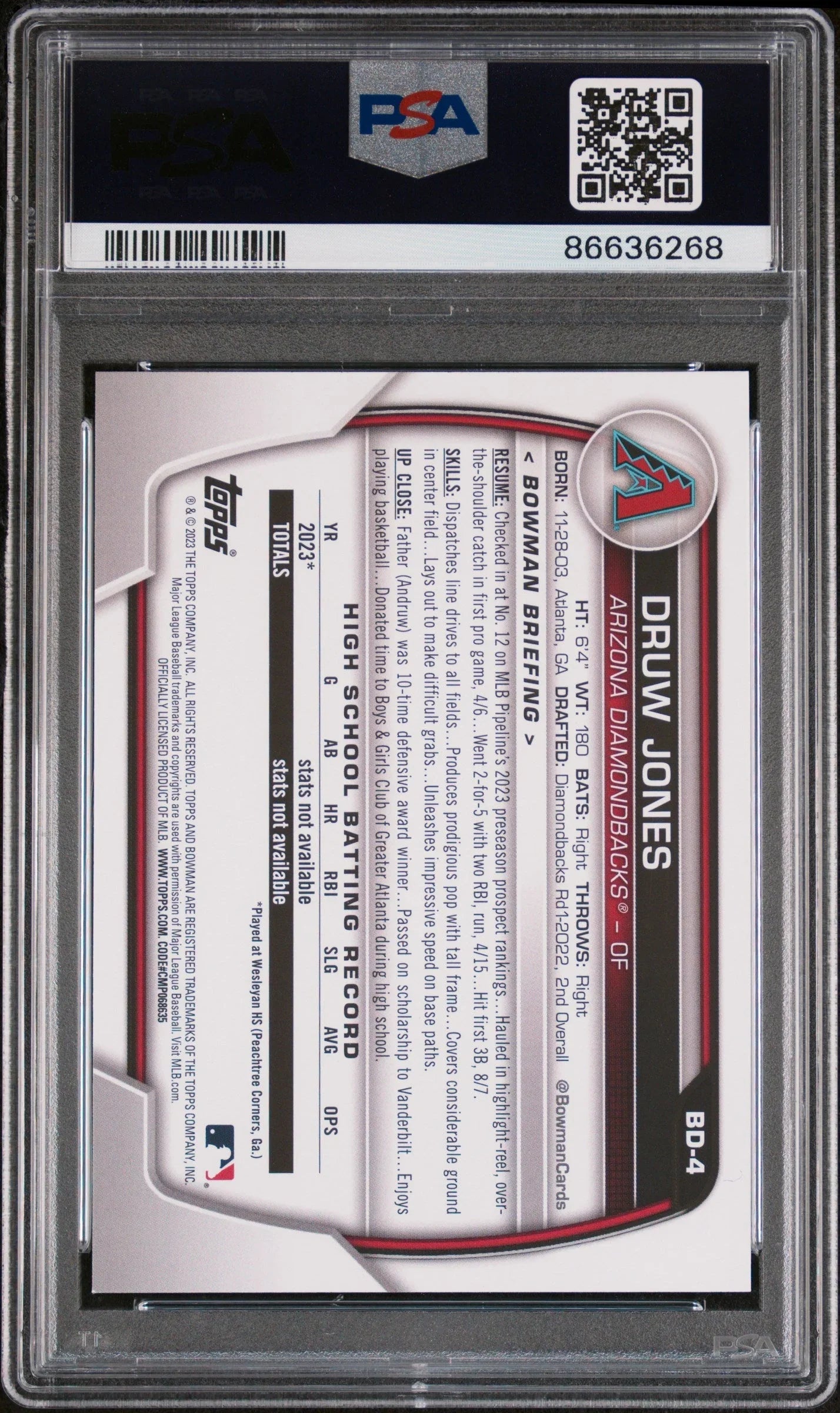 2023 BOWMAN DRAFT DRUW JONES #BD4 - PSA 10 ROOKIE CARD