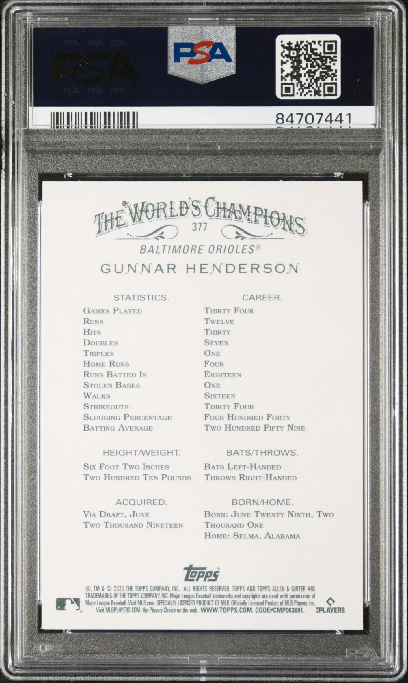 2023 TOPPS ALLEN & GINTER GUNNAR HENDERSON #377 - PSA 10