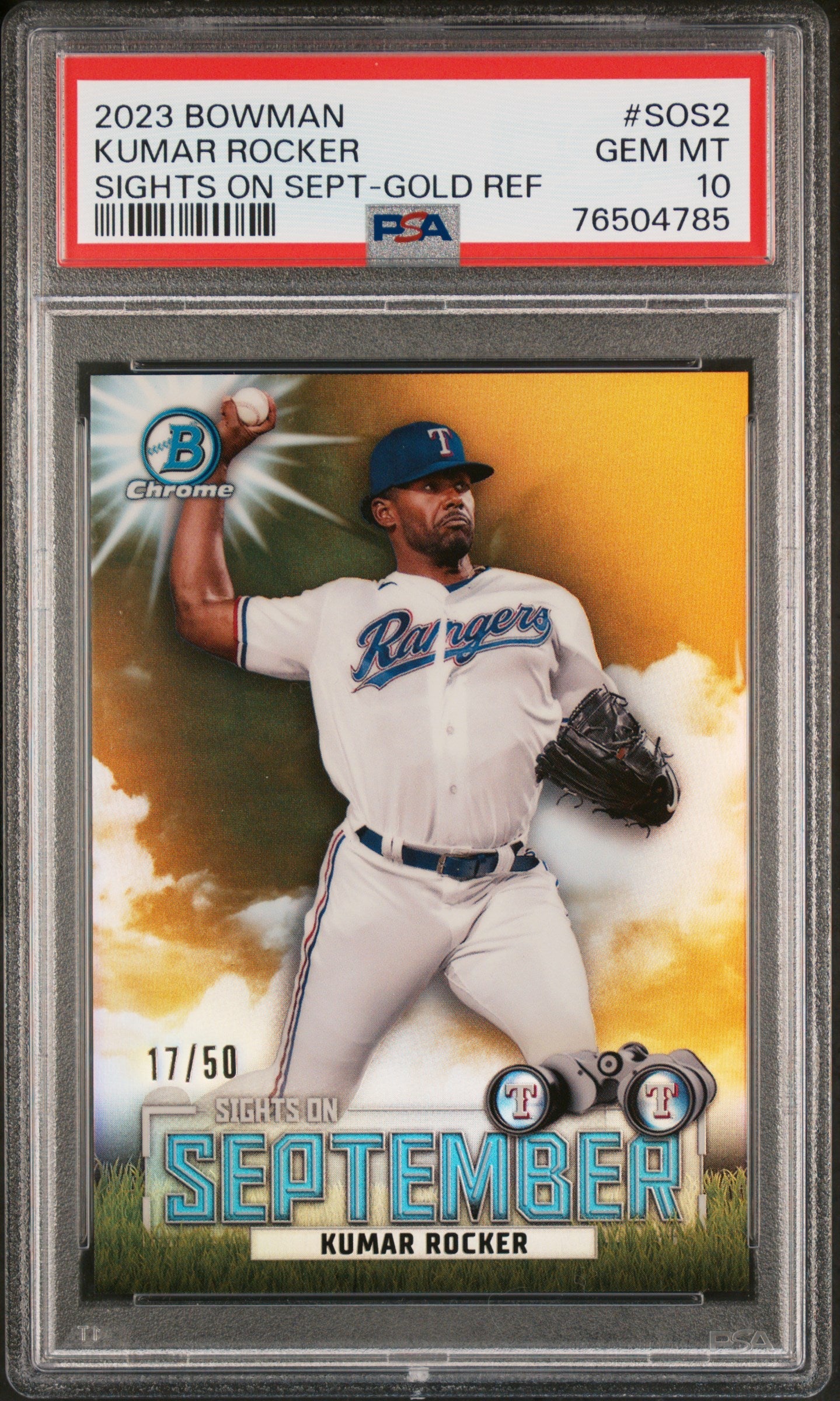Graded 2023 Topps Bowman Kumar Rocker #SOS2 Sights on September Gold Refractor /50 Rookie RC Baseball Card PSA 10 Gem Mint