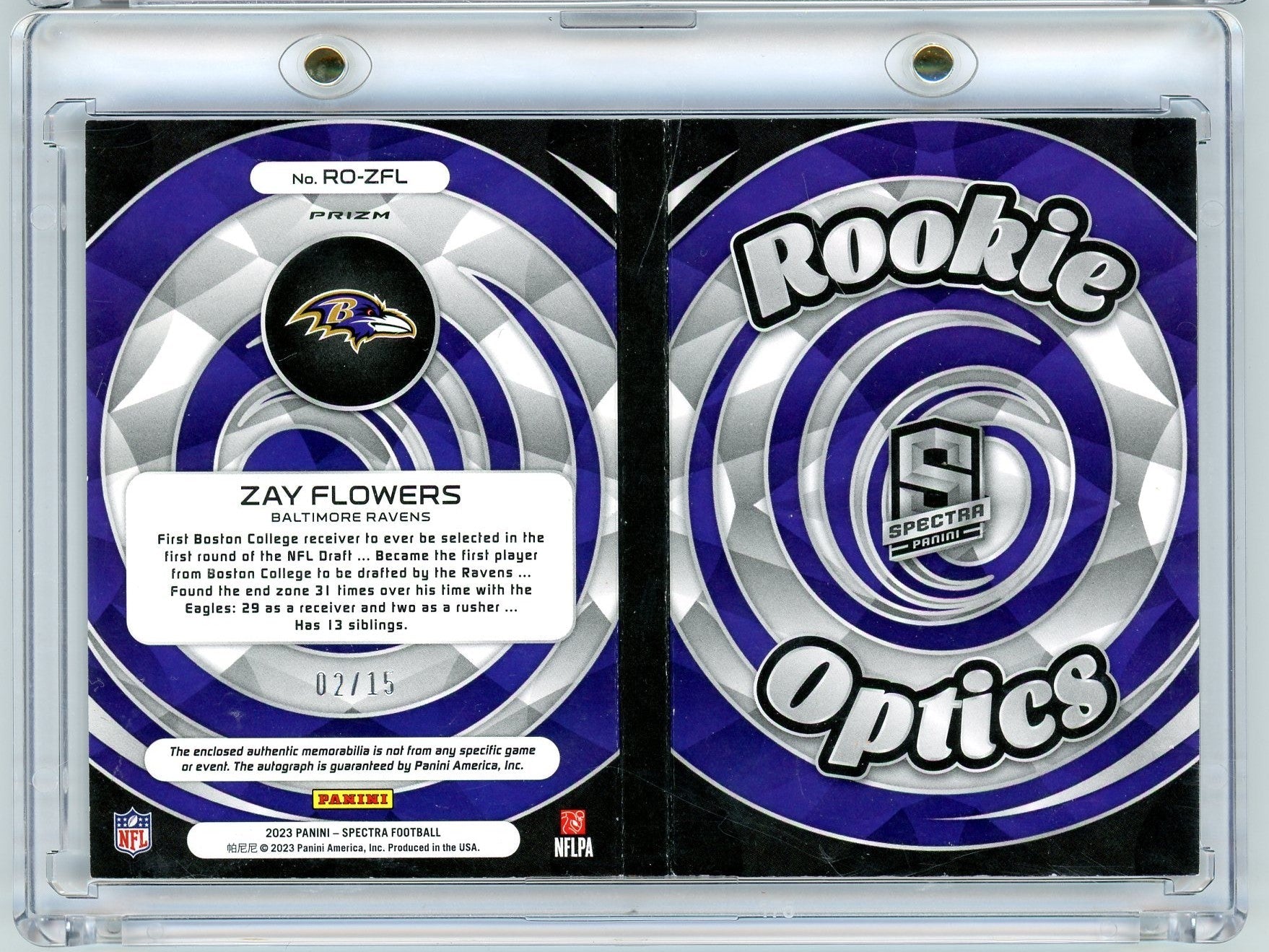 2023 Panini Spectra Rookie Optics Zay Flowers #ROZFL /15 Booklet Auto Rookie RC Football Card