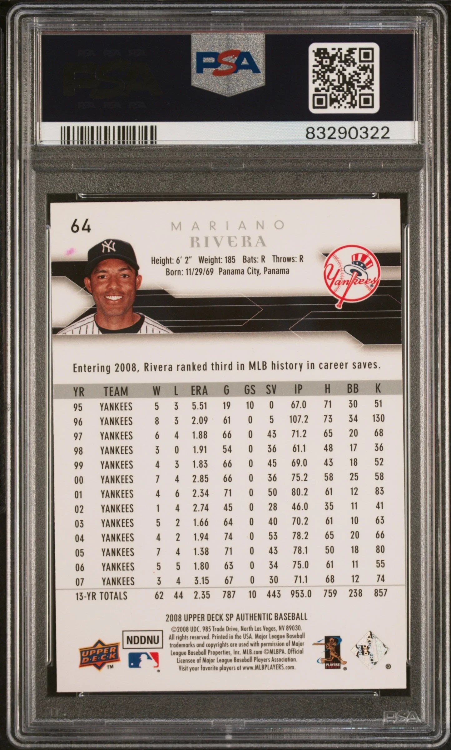 2008 SP AUTHENTIC MARIANO RIVERA #64 - PSA 10