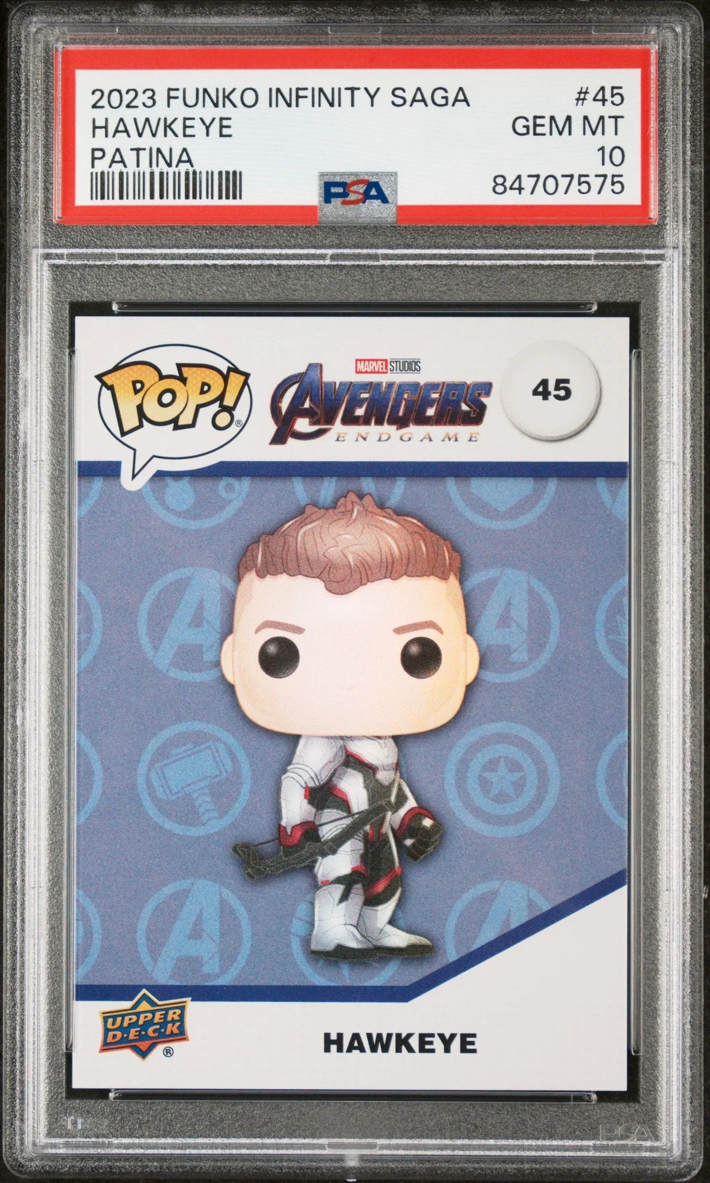 2023 UPPER DECK FUNKO POP MARVEL HAWKEYE PATINA #45 PSA 10