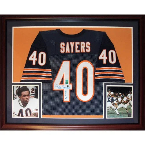Gale Sayers Autographed Chicago Bears (Blue #40) Deluxe Framed Jersey w/ "ROY 65"