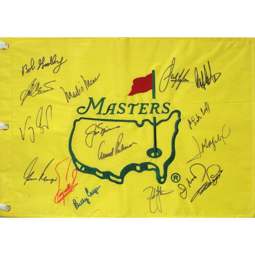 Masters Golf Pin Flag Autographed by 16 Former Champions #18