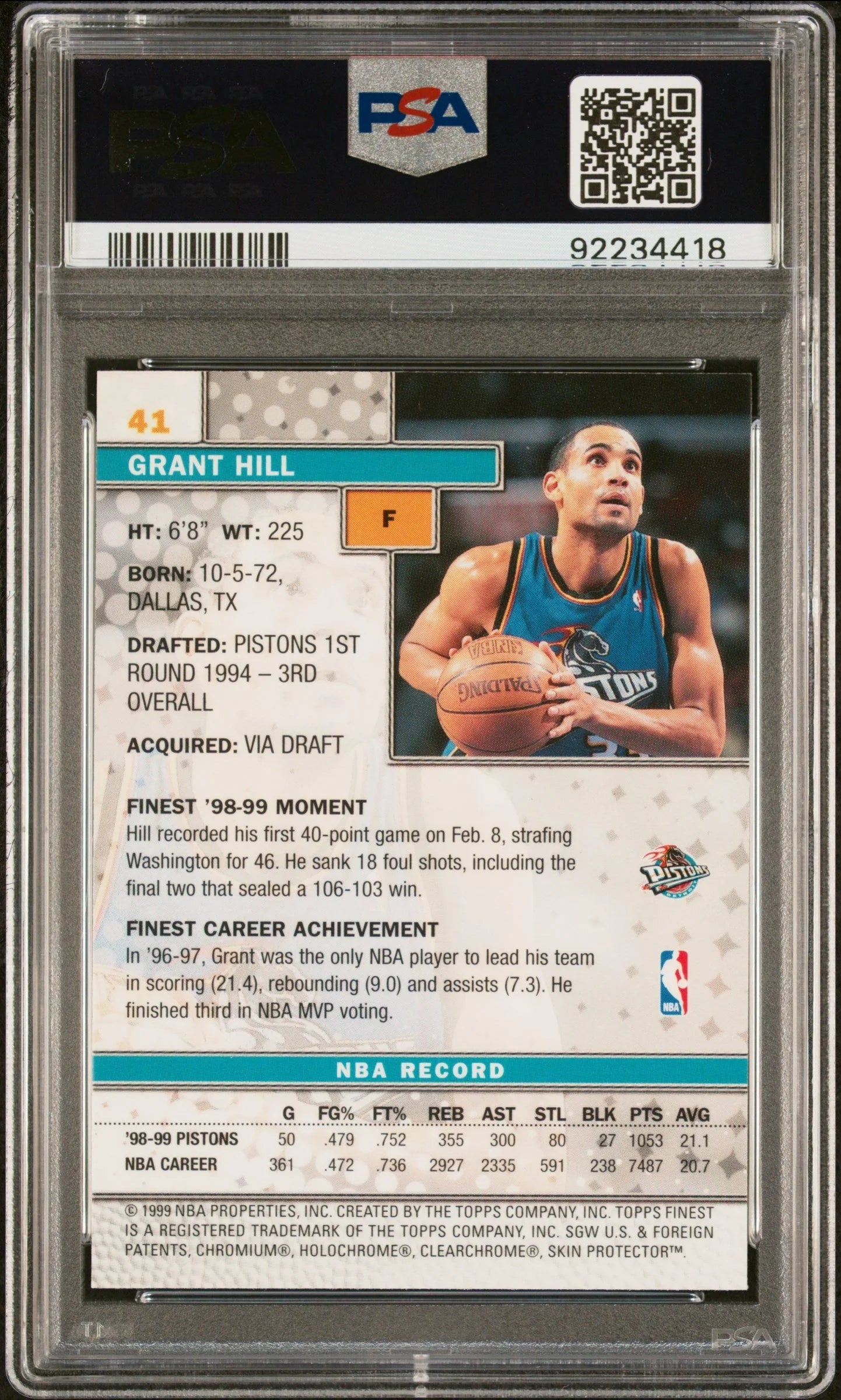 1999 FINEST GRANT HILL #41 - PSA 10