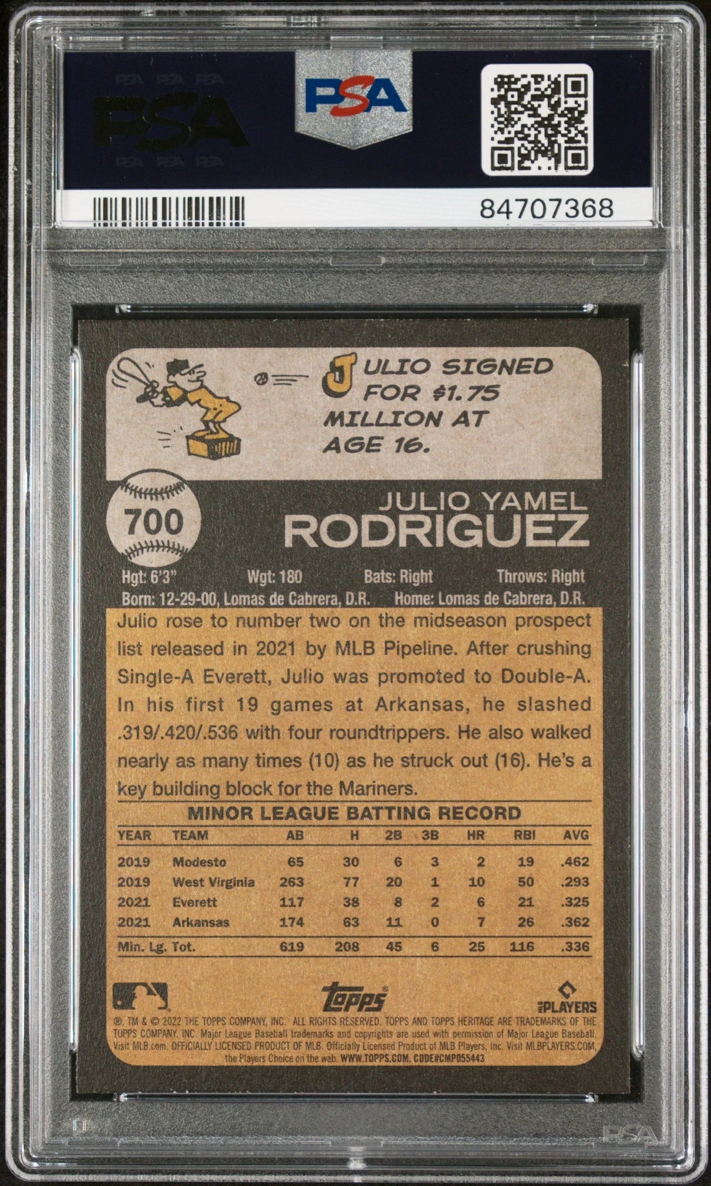2022 TOPPS HERITAGE JULIO RODRIGUEZ #700 - PSA 10 ROOKIE CARD