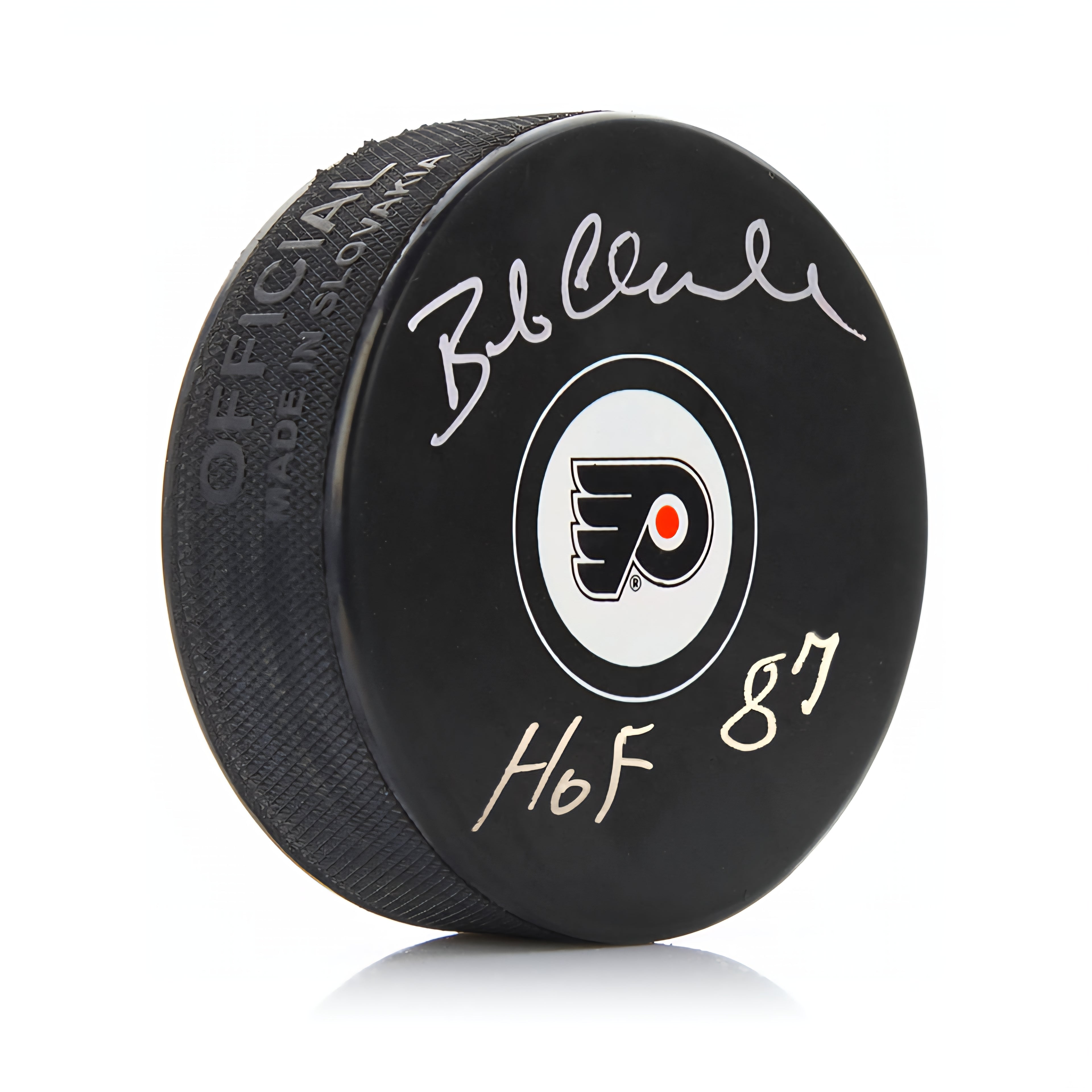 Bob Clarke Philadelphia Flyers Signed Logo Puck with HOF Inscription | Pre-Sale