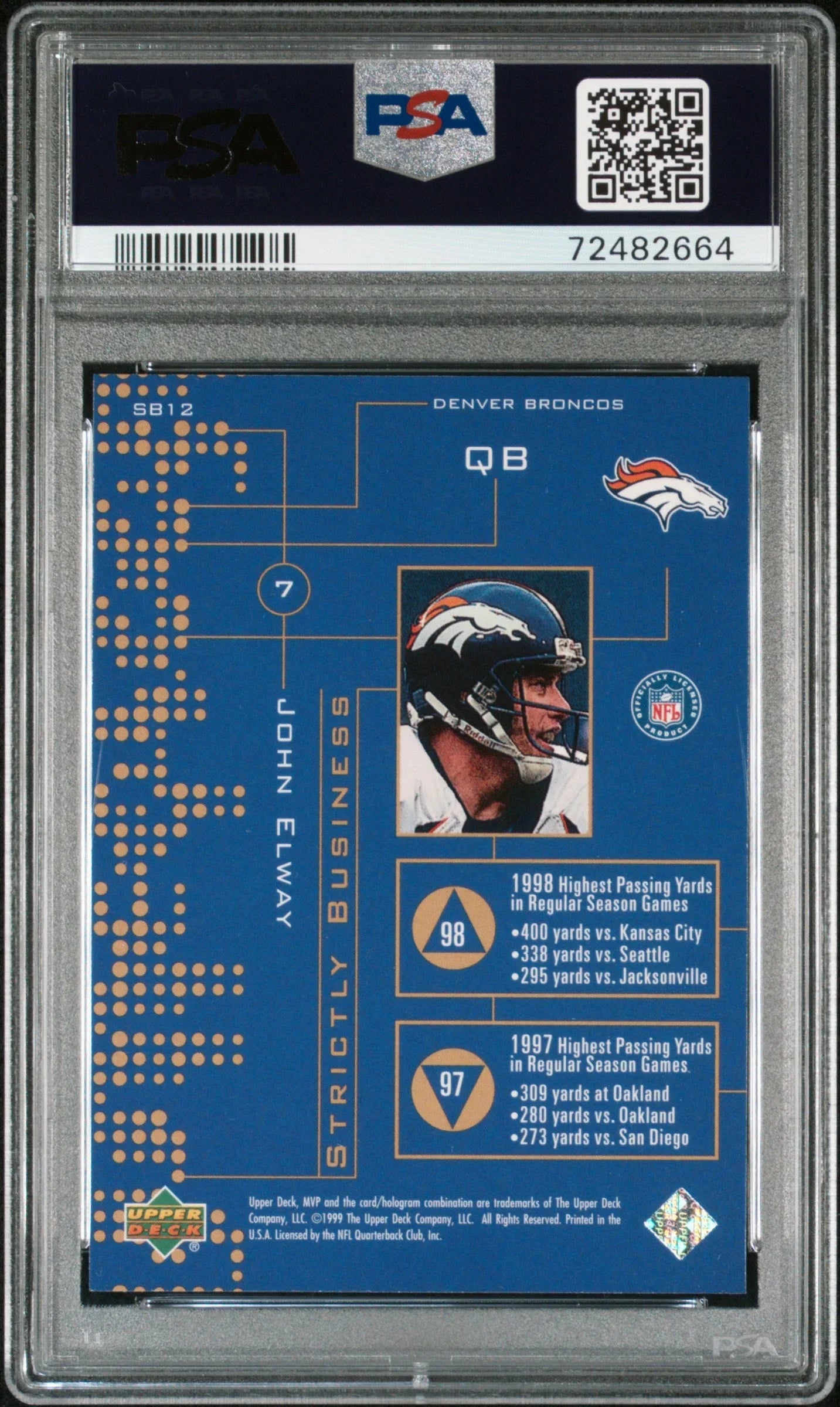 1999 UPPER DECK MVP STRICTLY BUSINESS JOHN ELWAY #SB12 - PSA 10
