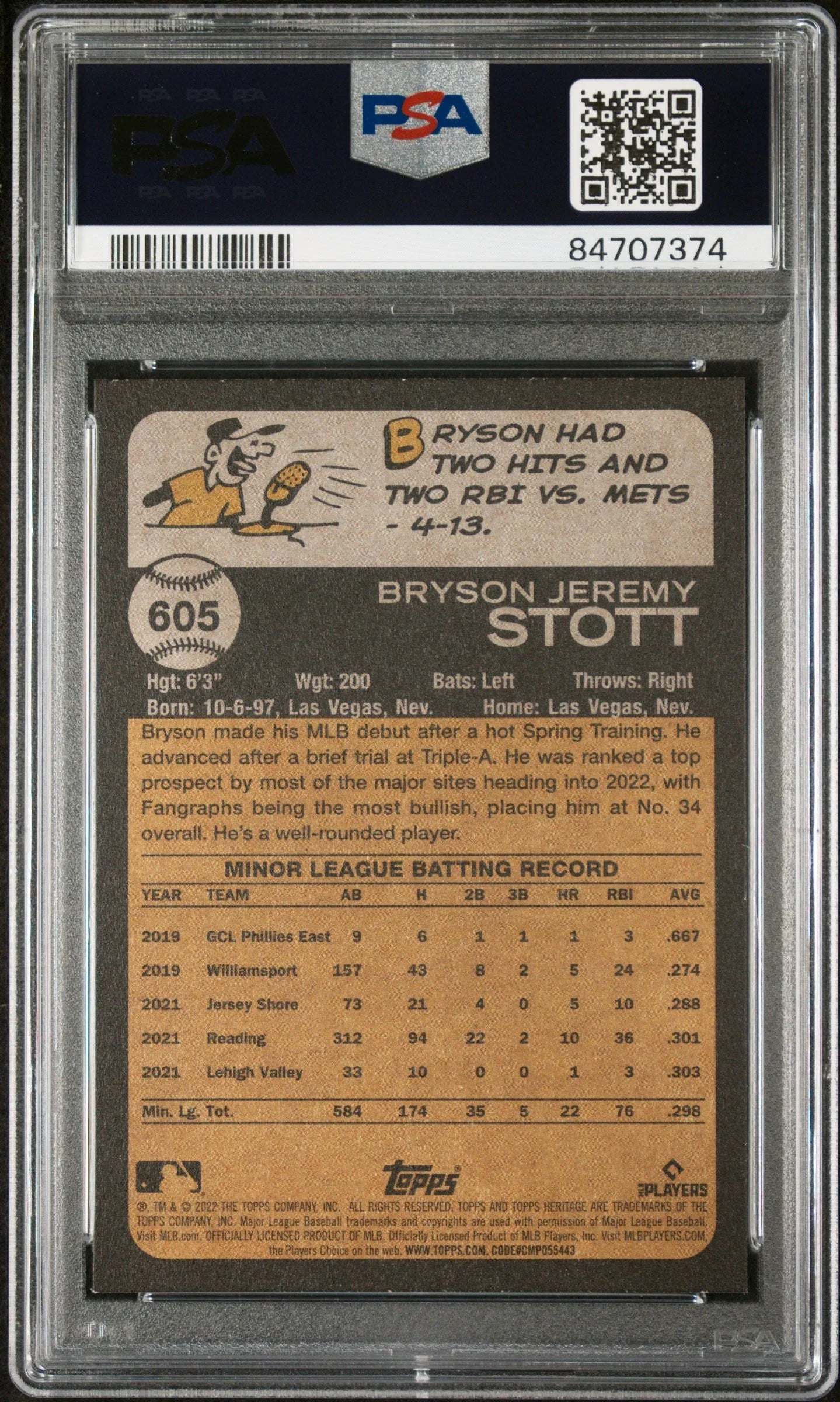 2022 TOPPS HERITAGE BRYSON STOTT #605 - PSA 10 ROOKIE CARD