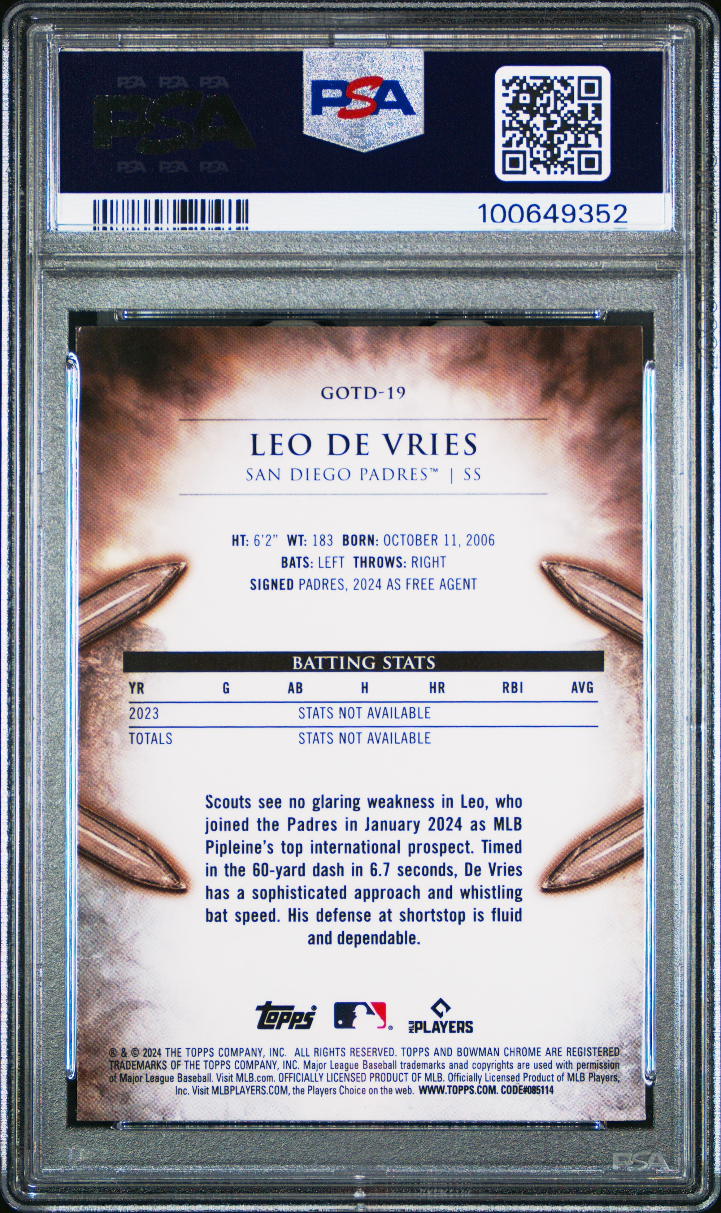 Graded 2024 Topps Bowman Chrome Leo De Vries #19 Gladiators of the Diamond Rookie RC Baseball Card PSA 10 Gem Mint