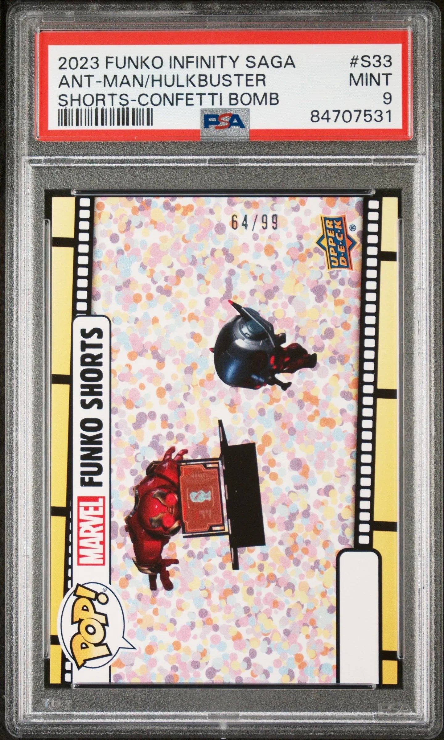 2023 UPPER DECK FUNKO POP MARVEL SHORTS ANTMAN/HULKBUSTER SHORTSCONFETTI BOMB #S33 PSA 9