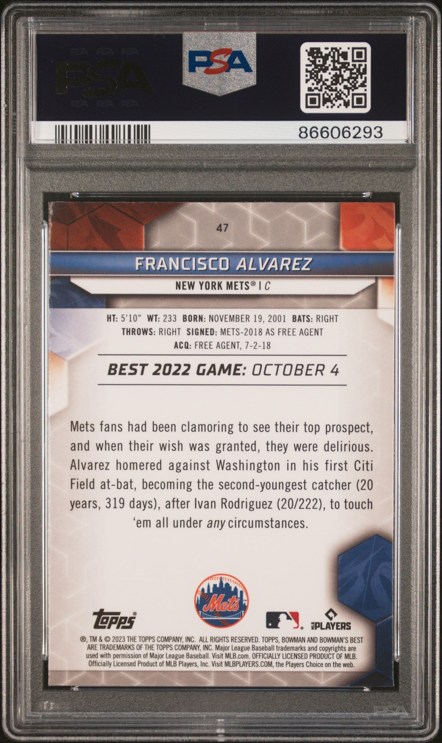 Graded 2023 Topps Bowmans Best Francisco Alvarez #47 Wave Rookie RC Baseball Card PSA 10 Gem Mint