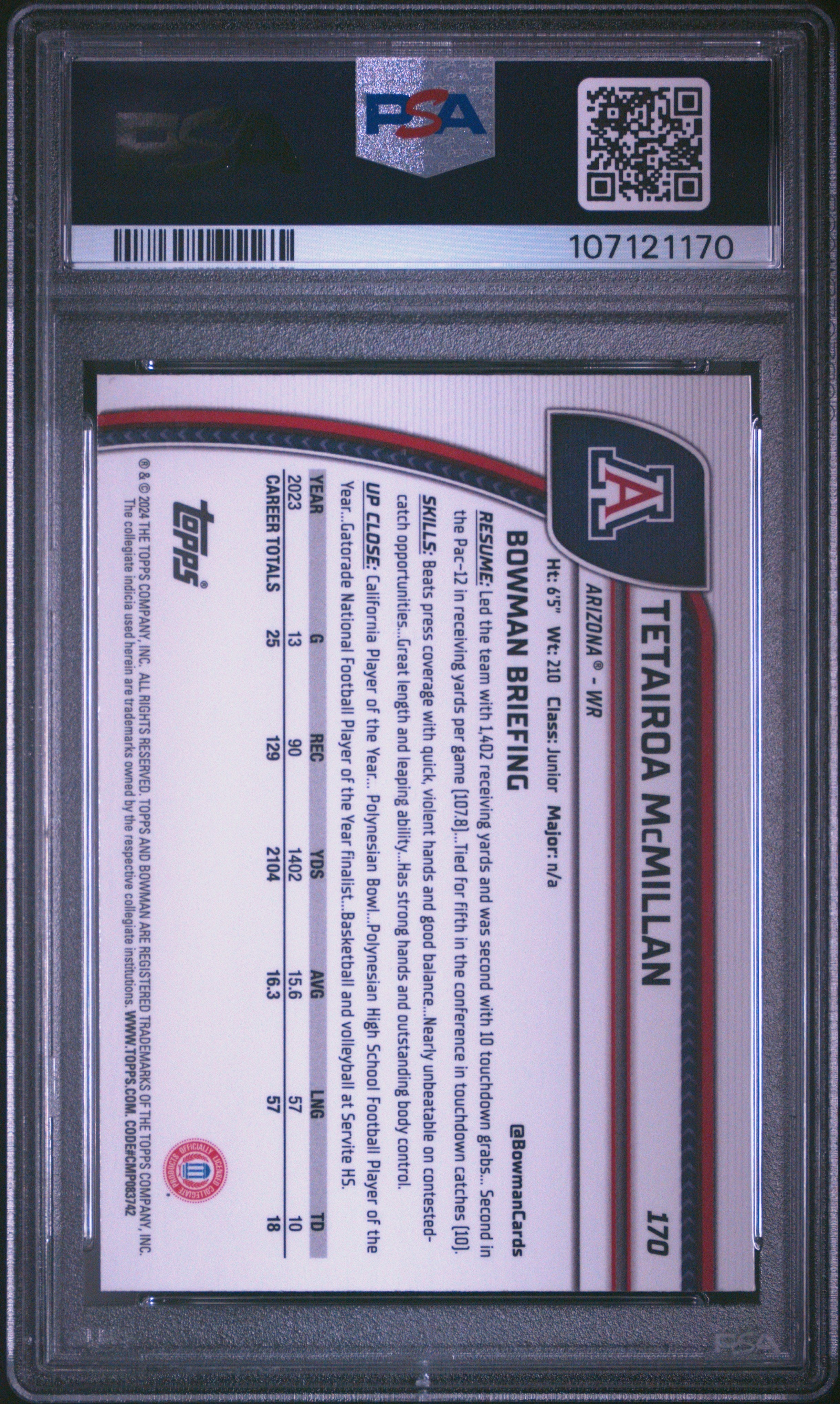 Graded 2024 Topps Bowman U Chrome Tetairoa McMillan #170 Pink Lava Rookie RC Football Card PSA 10 Gem Mint