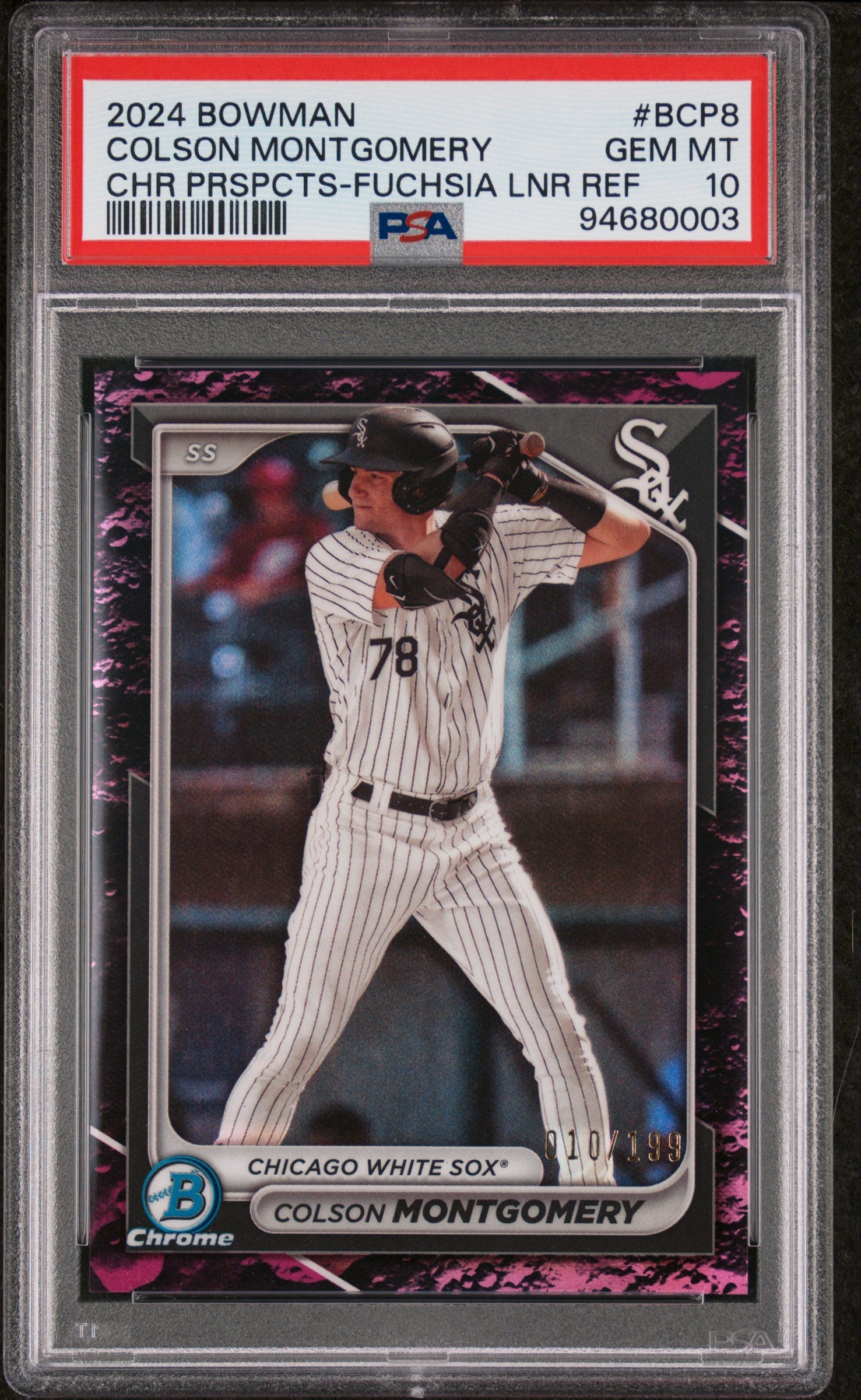 Graded 2024 Topps Bowman Colson Montgomery #BCP8 Chrome Prospects Fuchsia Lunar Refractor /199 Rookie RC Baseball Card PSA 10 Gem Mint