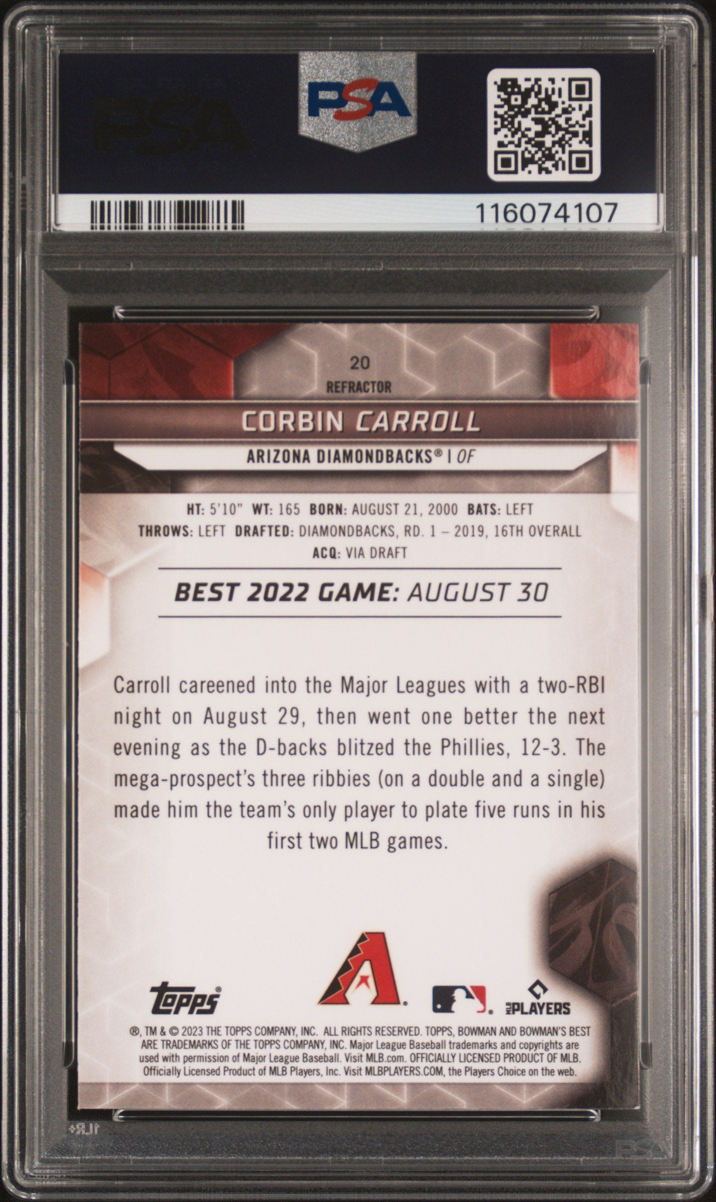 Graded 2023 Topps Bowmans Best Corbin Carroll #20 Refractor Rookie RC Baseball Card PSA 10 Gem Mint