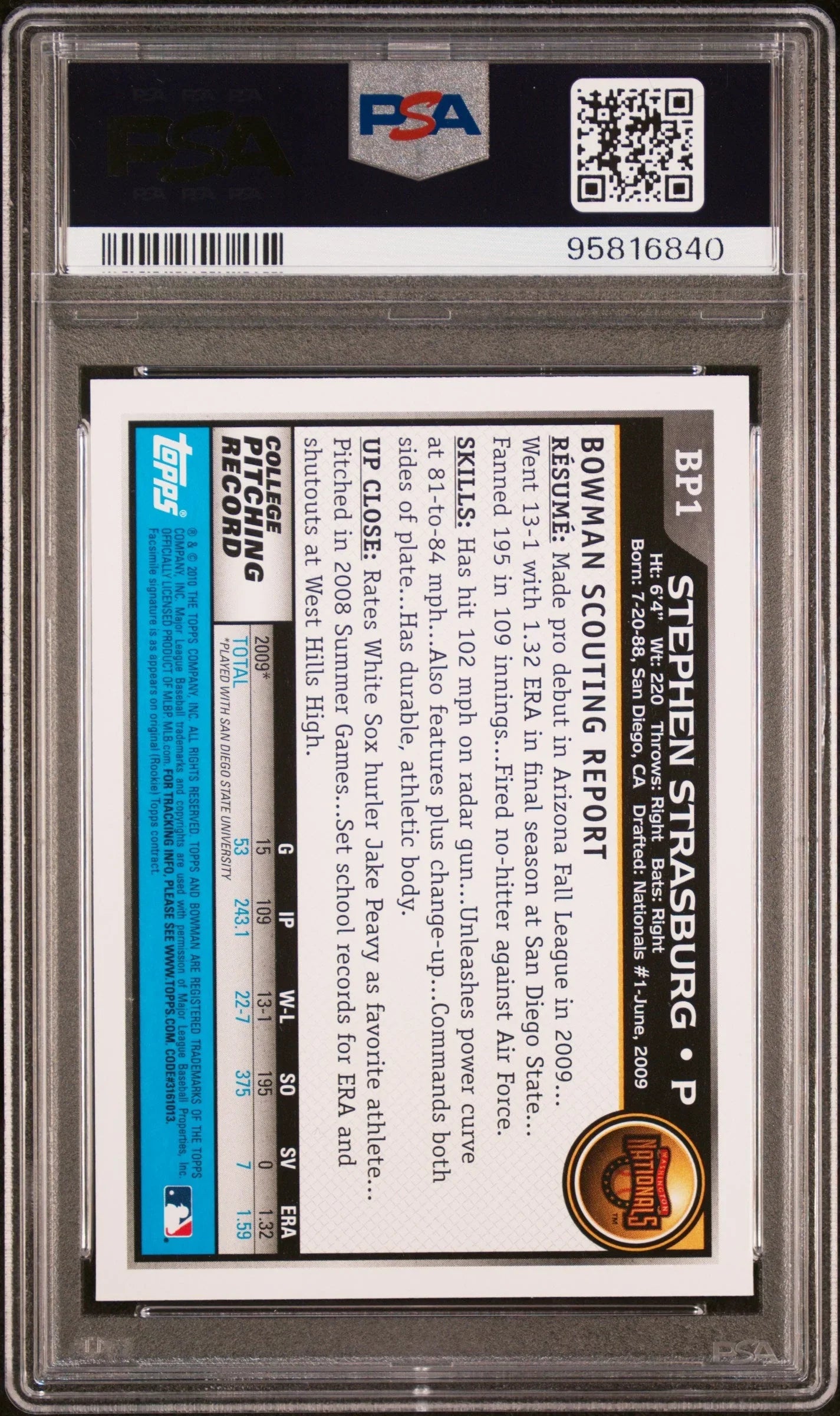 Graded 2010 Topps Bowman Prospects Stephen Strasburg #BP1  Rookie RC Baseball Card PSA 10 Gem Mint