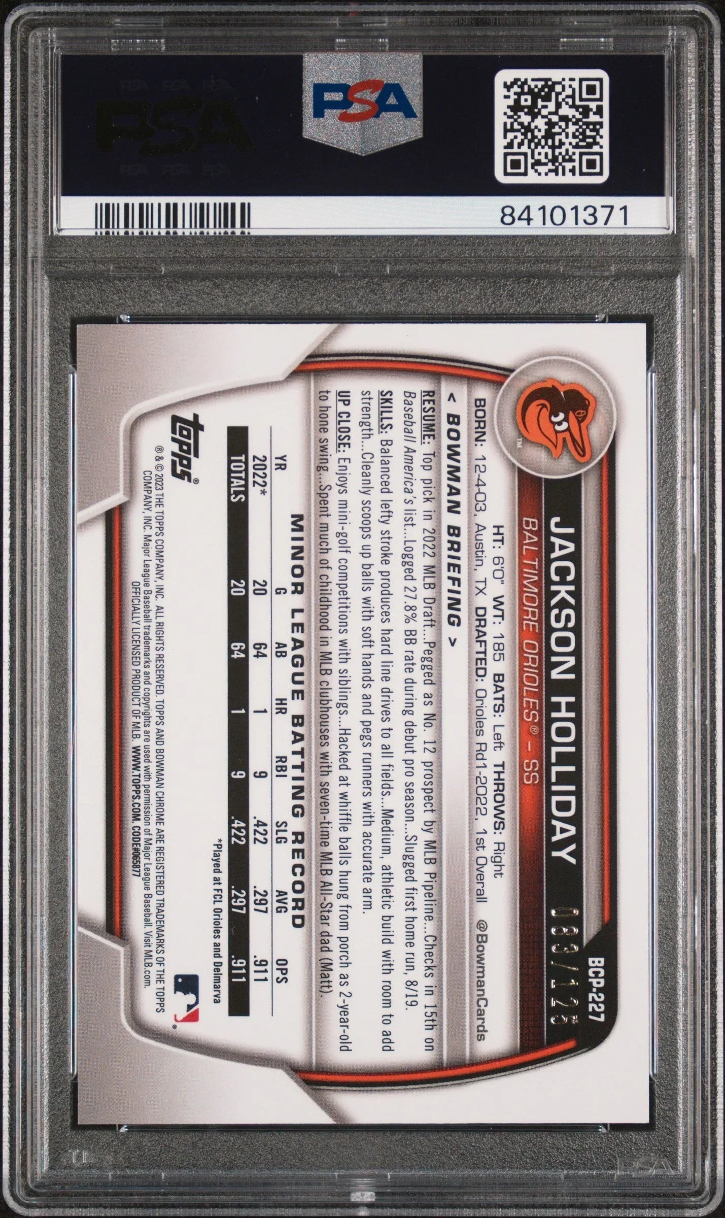 Graded 2023 Topps Bowman Chrome Jackson Holliday #BCP227 Prospects Aqua #/125 Rookie RC Baseball Card PSA 10 Gem Mint