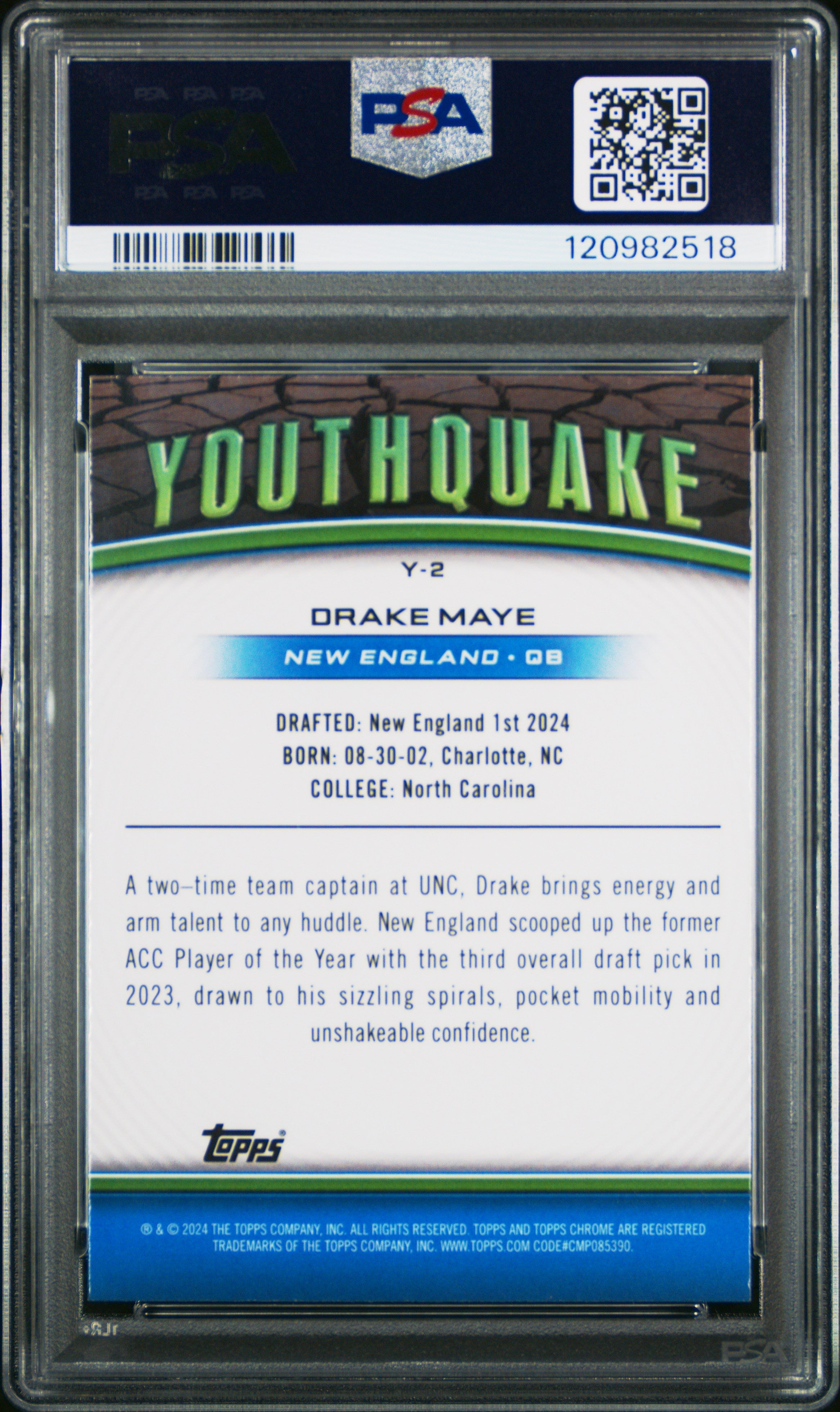 Graded 2024 Topps Chrome Drake Maye #Y2 Youthquake Pink Refractor Rookie RC Football Card PSA 10 Gem Mint