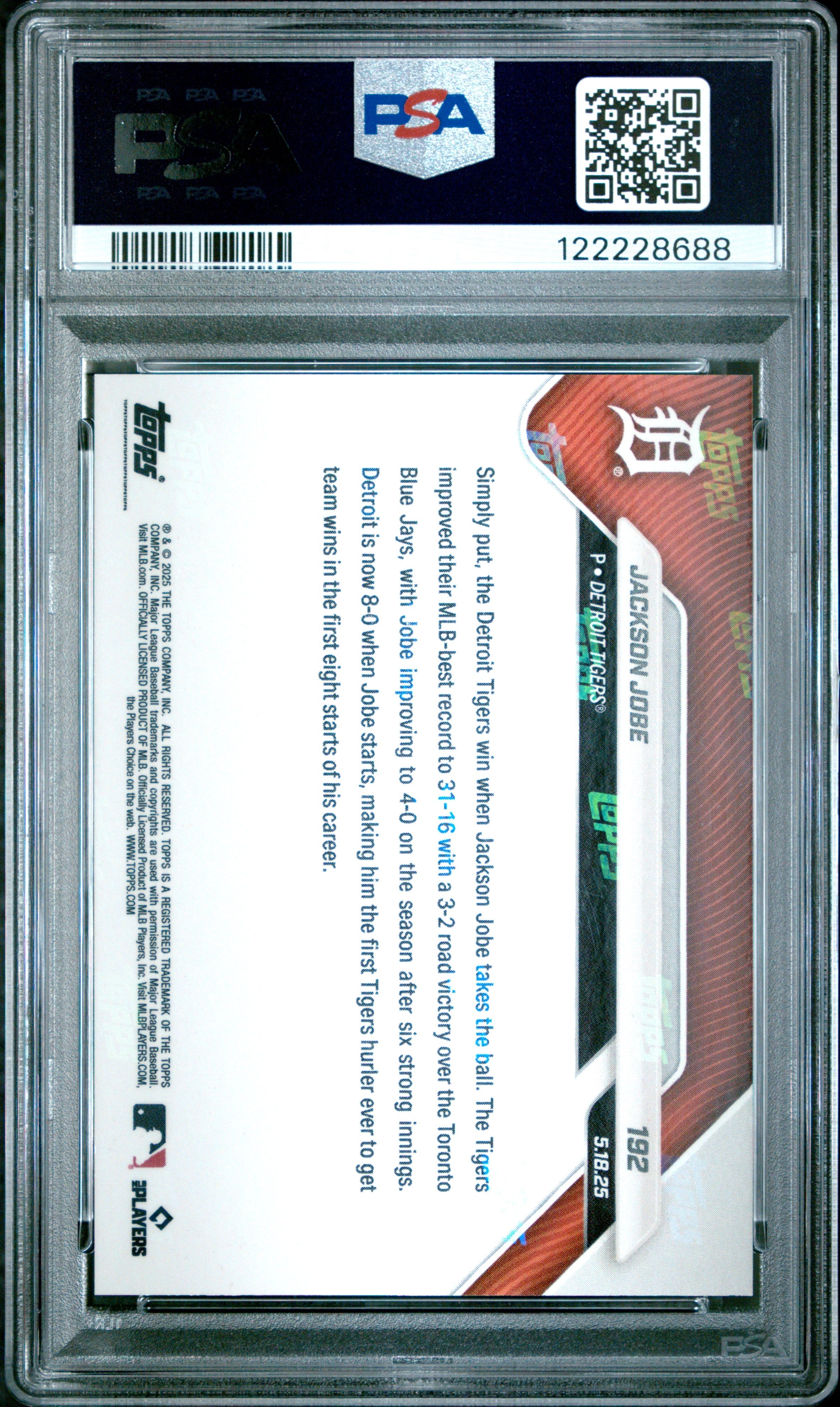 Graded 2025 Topps Now Jackson Jobe #192 Gold Foil /50 Rookie RC Baseball Card PSA 9 Mint